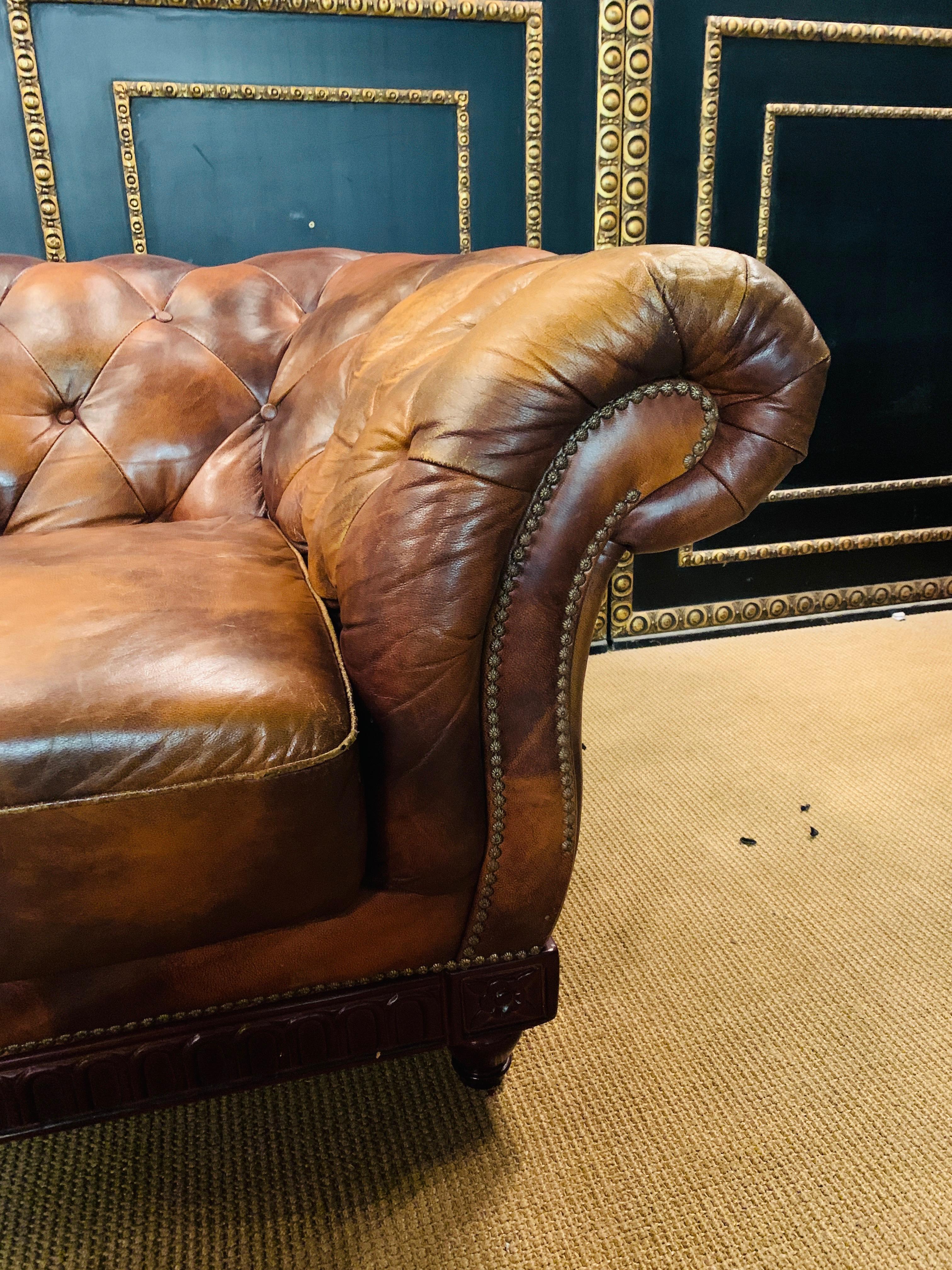 English Rare and Unusual Vintage Chesterfield Sofa in Cow Pattern Leather and Wood Frame For Sale