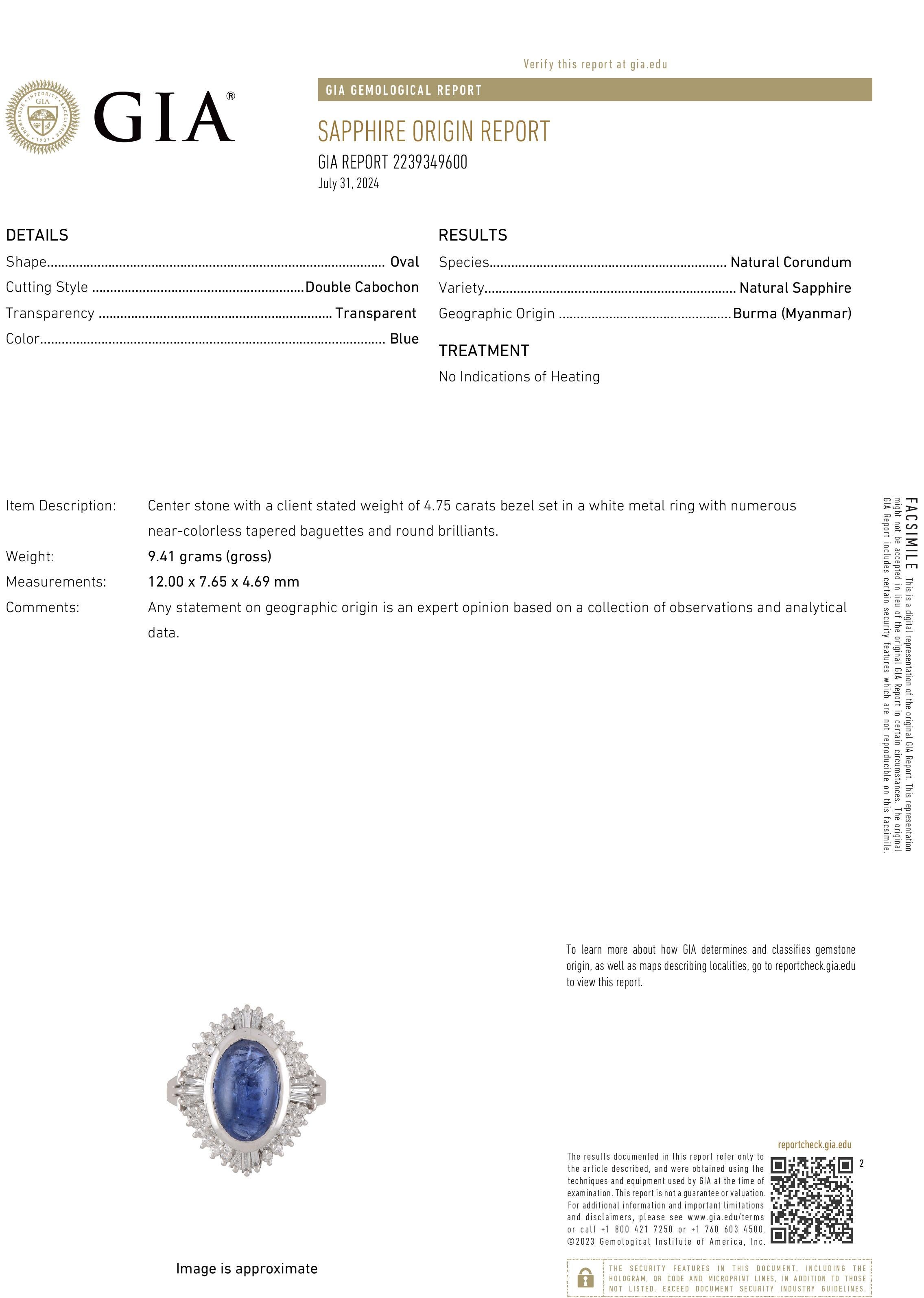 Rare GIA Certified Burma Cabochon Sapphire Diamond Platinum Ring Size 6.5 Ring In Good Condition For Sale In New York, NY