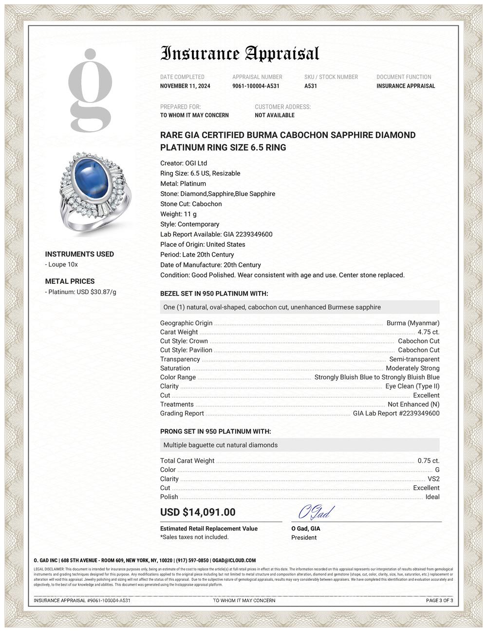 Women's Rare GIA Certified Burma Cabochon Sapphire Diamond Platinum Ring Size 6.5 Ring For Sale