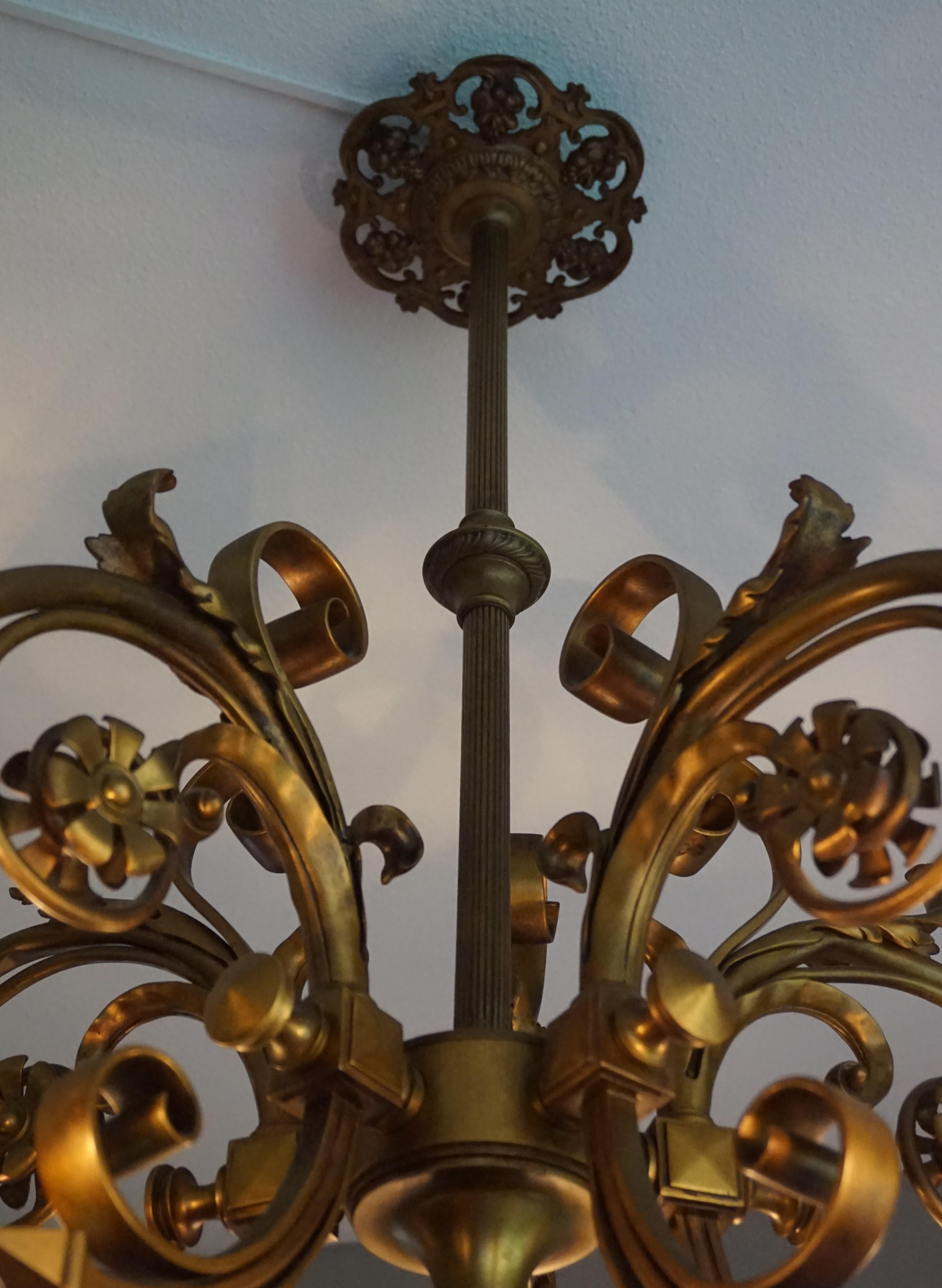 Rare and Very Stylish Bronze & Brass Holophane Pendant w. Stunning Glass Shades  3