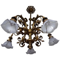 Rare and Very Stylish Bronze 
Brass Holophane Pendant w. Stunning Glass Shades