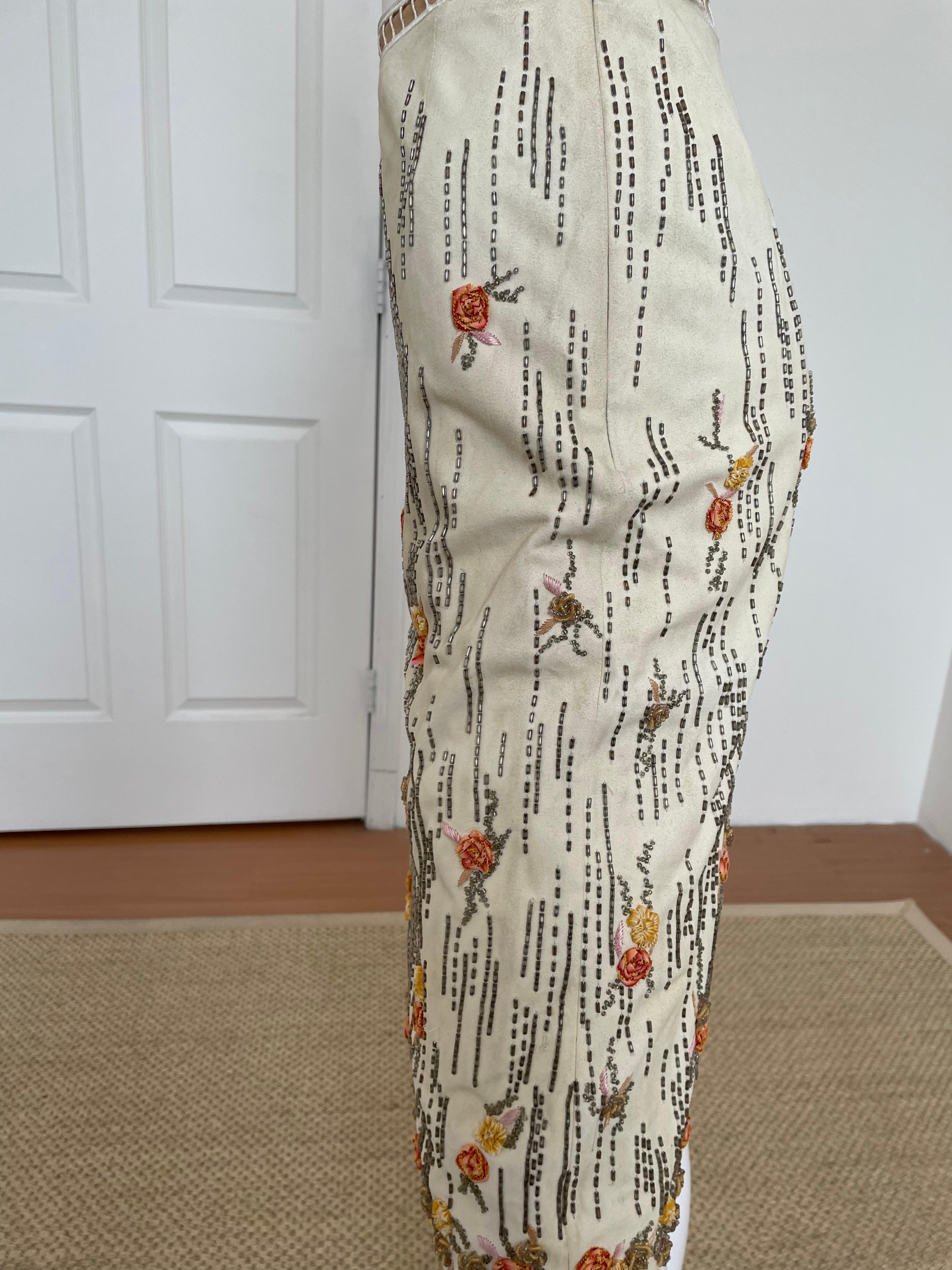 Rare and Vintage Valentino Boutique Suede Beaded Floral Skirt In Good Condition For Sale In Brooklyn, NY