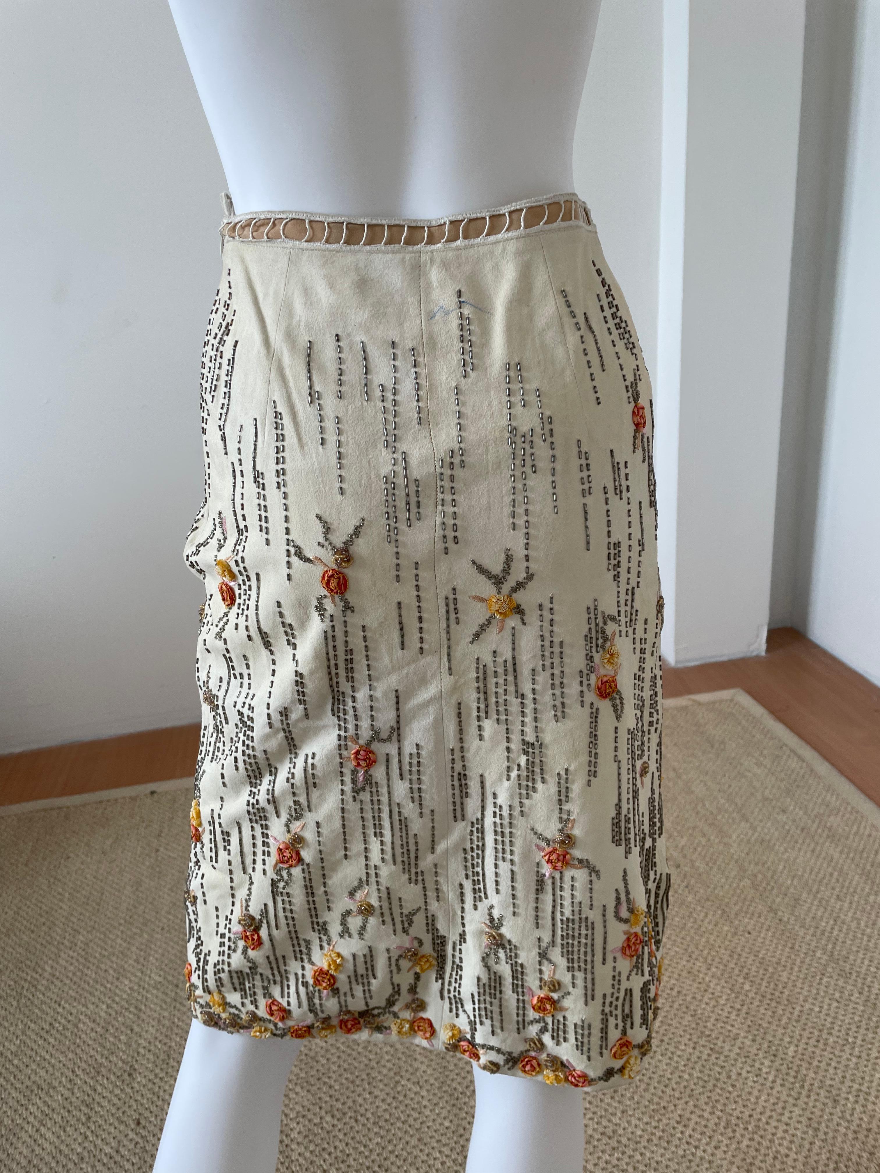 Women's or Men's Rare and Vintage Valentino Boutique Suede Beaded Floral Skirt For Sale