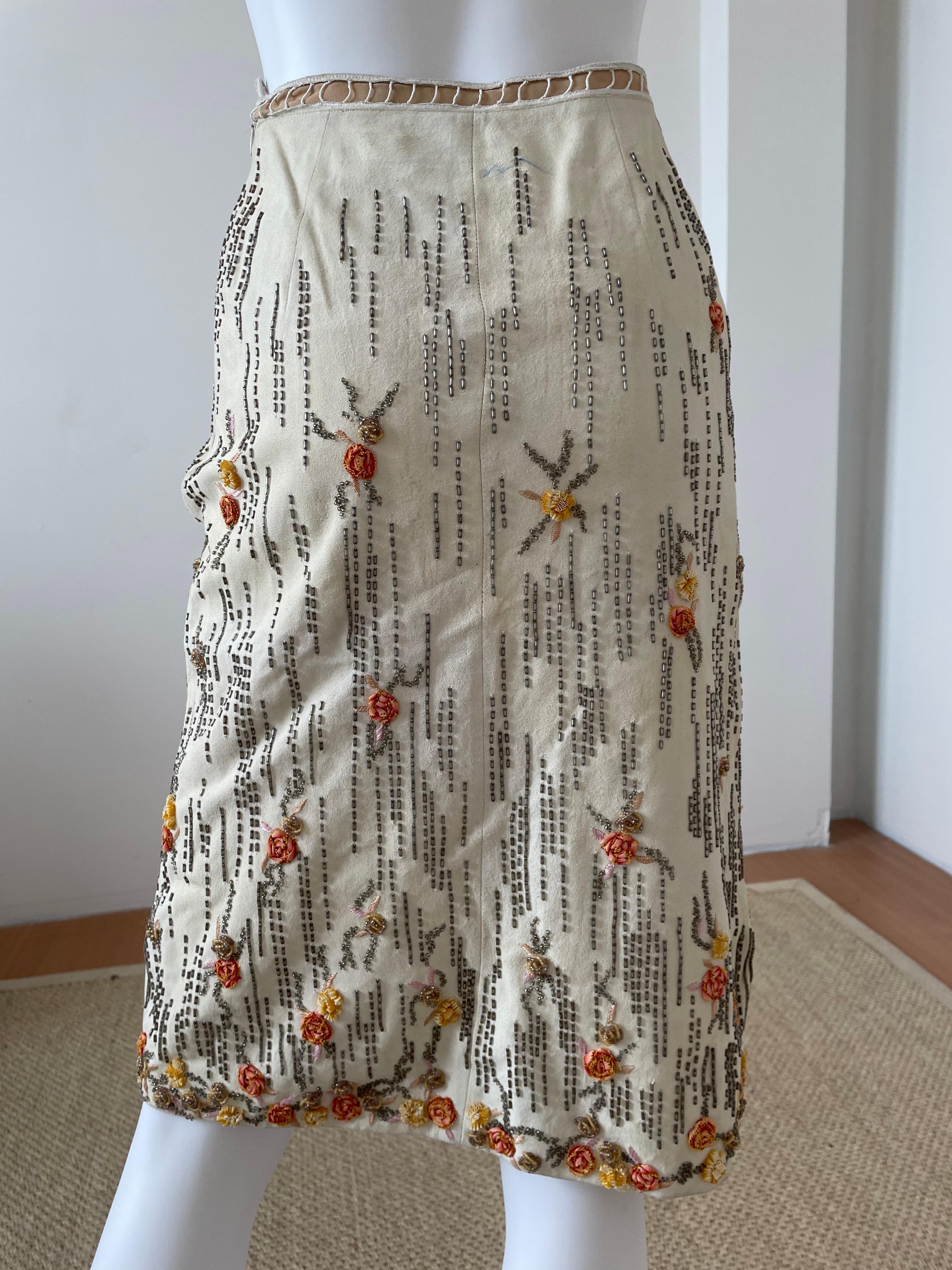 Rare and Vintage Valentino Boutique Suede Beaded Floral Skirt For Sale 1