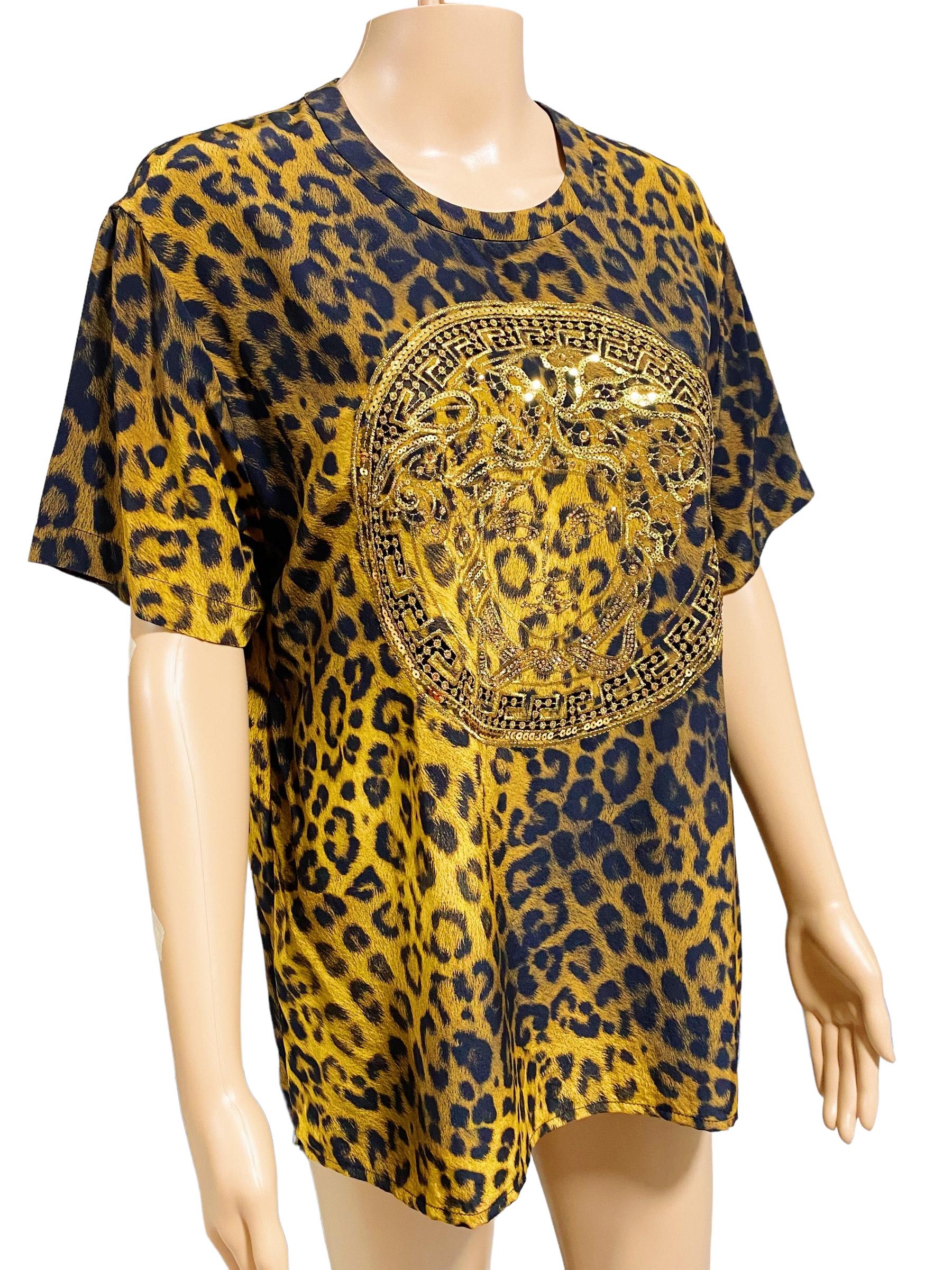Brown Rare and Vintage Versace - Animal Print Embellished Medusa logo Silk Shirt For Sale