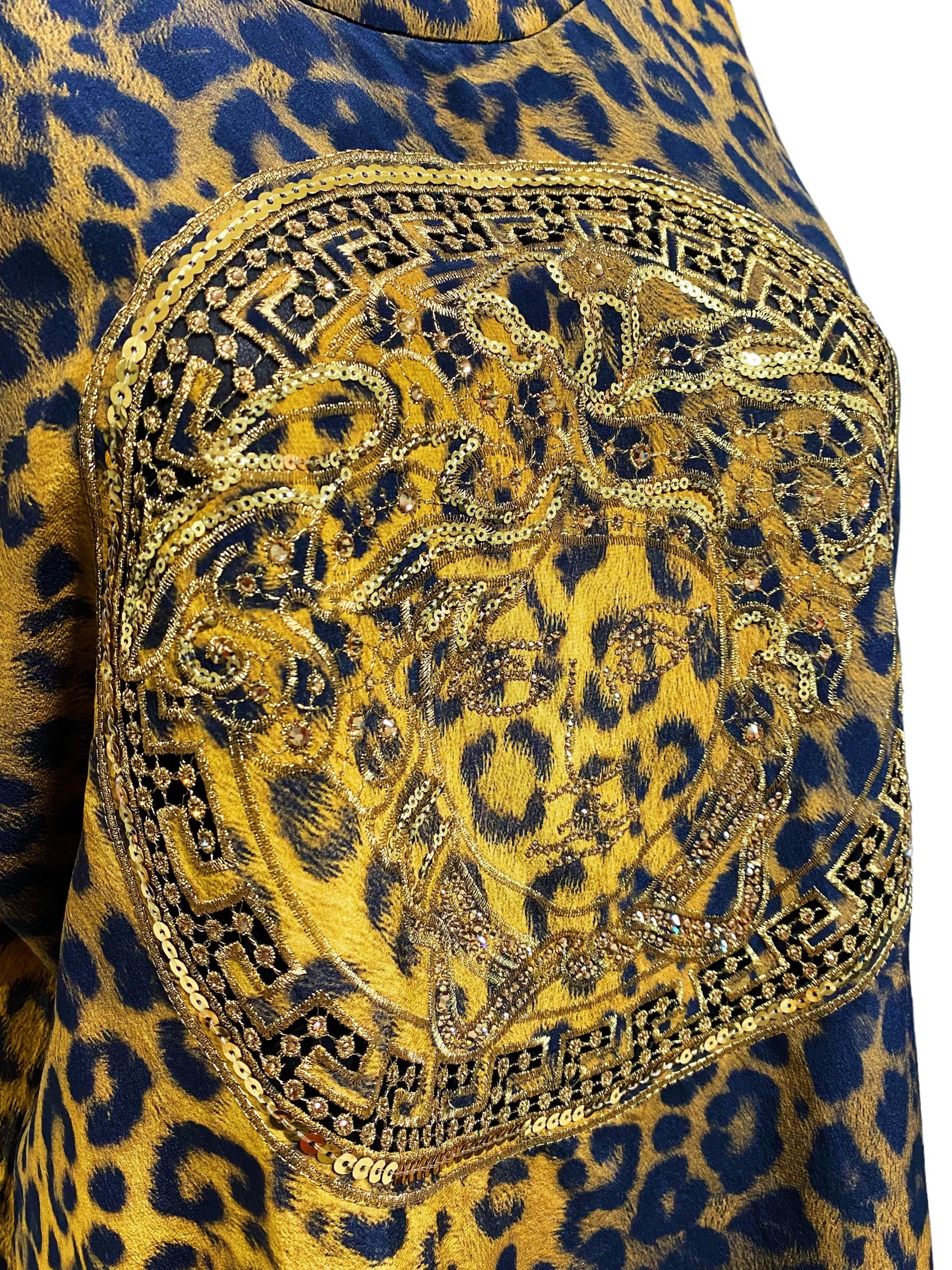 Women's or Men's Rare and Vintage Versace - Animal Print Embellished Medusa logo Silk Shirt For Sale