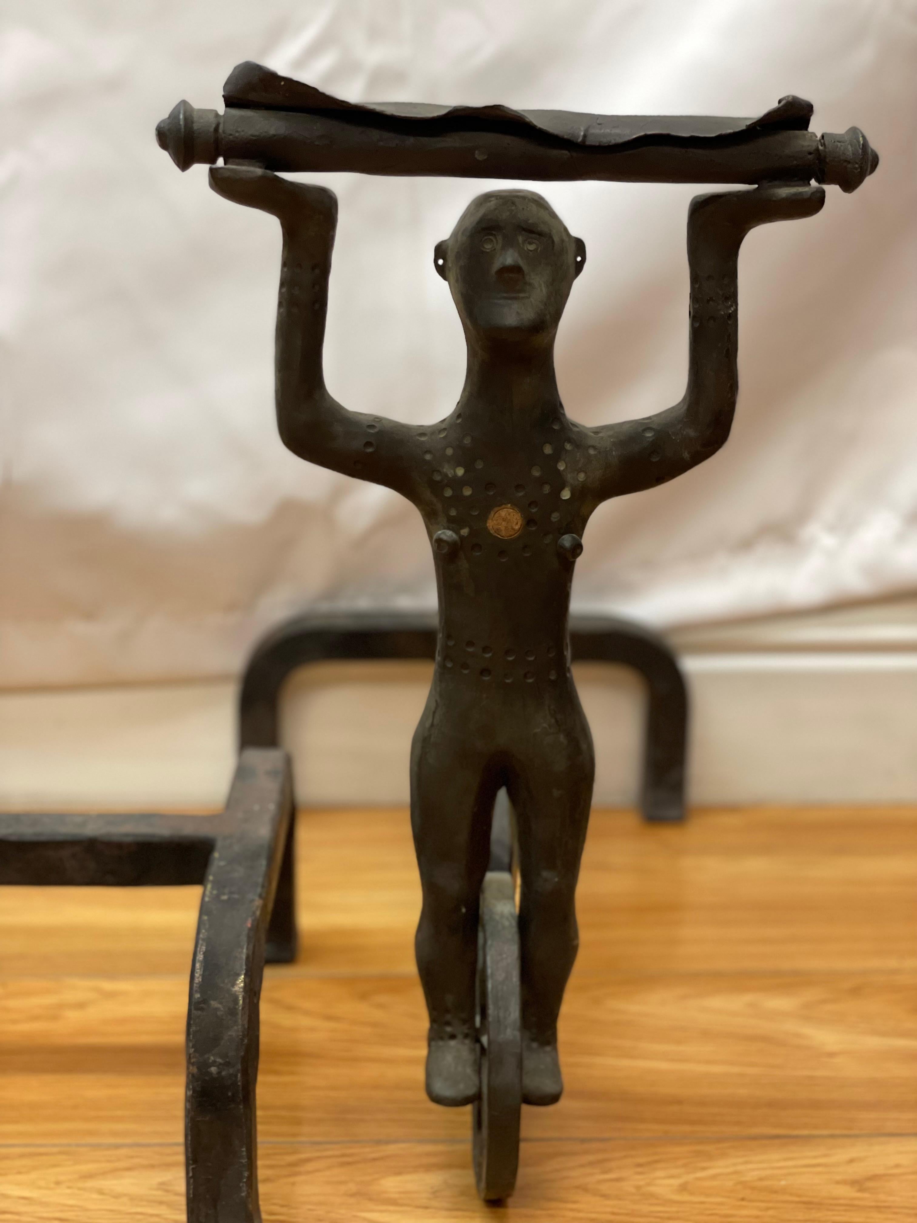 Rare Andirons With Acrobats on Wheels Circa 1940's For Sale 1