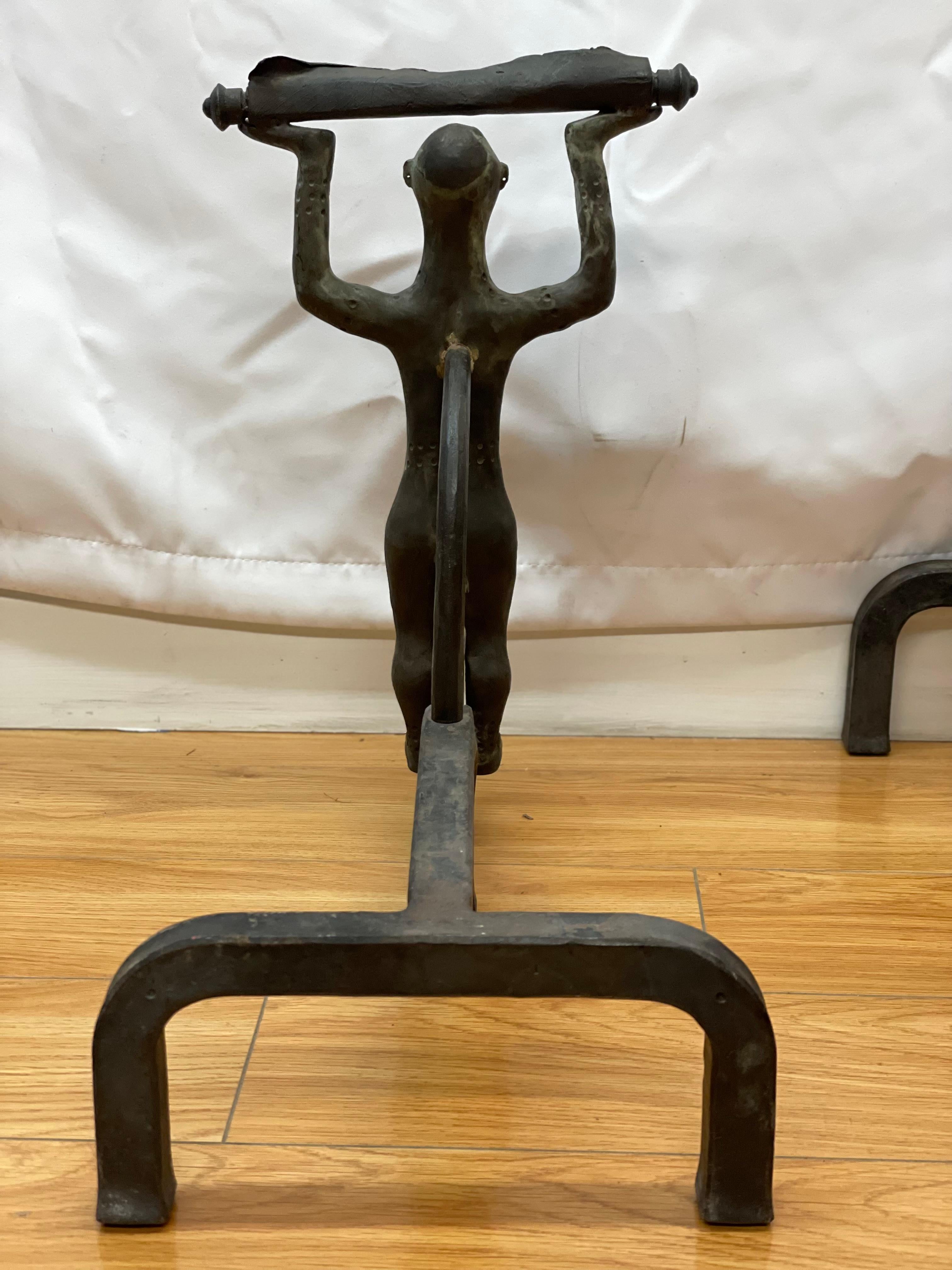 Rare Andirons With Acrobats on Wheels Circa 1940's For Sale 2