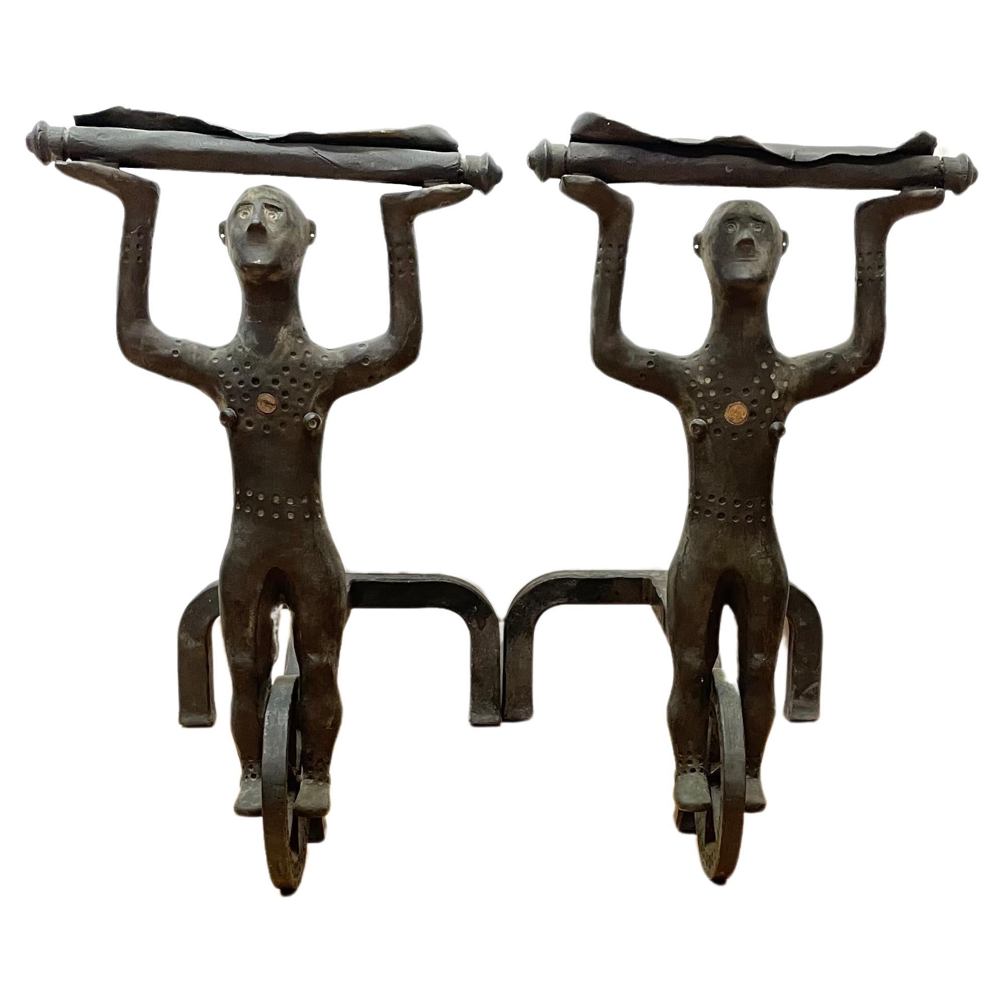 Rare Andirons With Acrobats on Wheels Circa 1940's For Sale