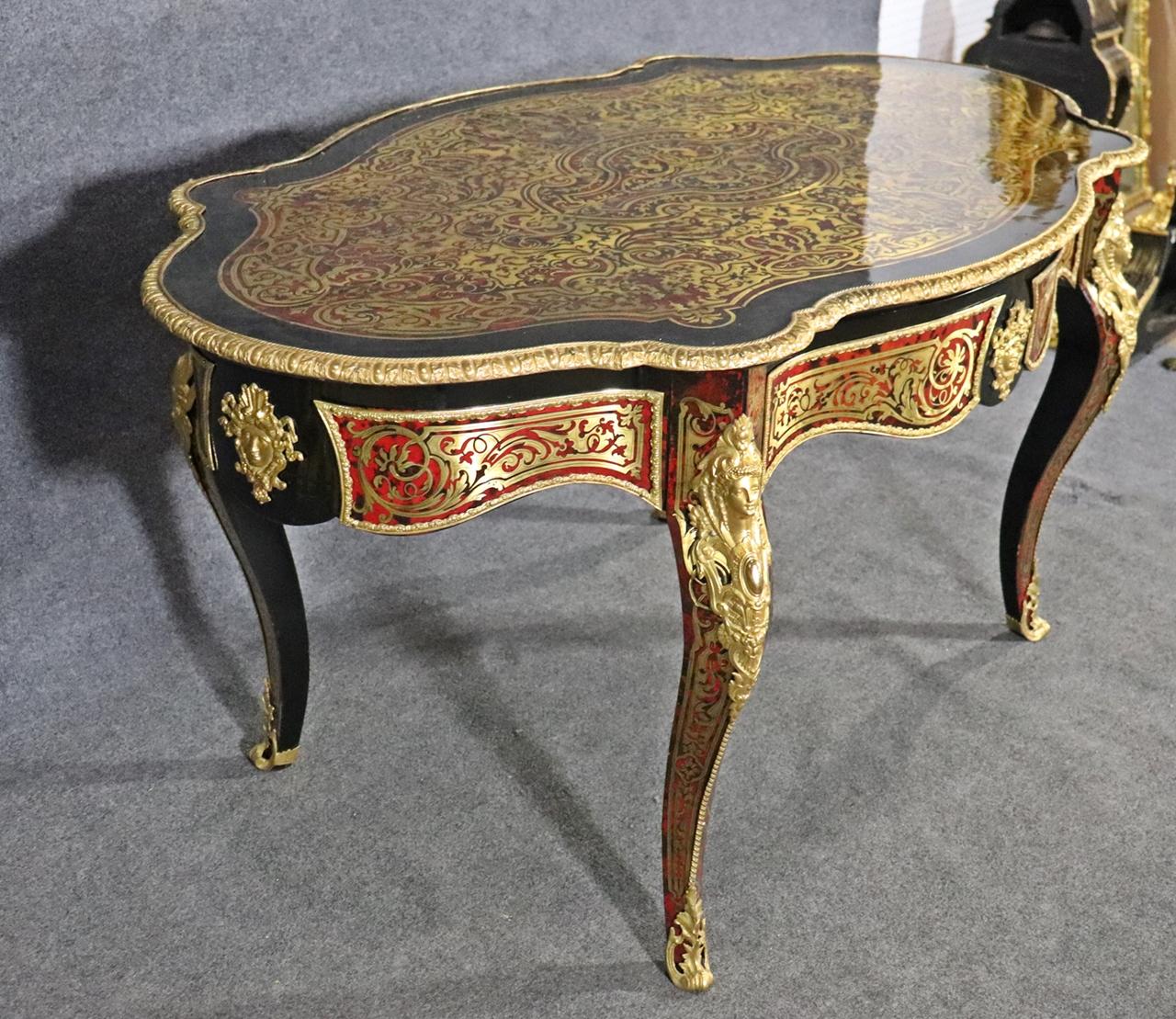 Rare Andre Boulle Style Brass Inlaid Center Table In Good Condition In Swedesboro, NJ