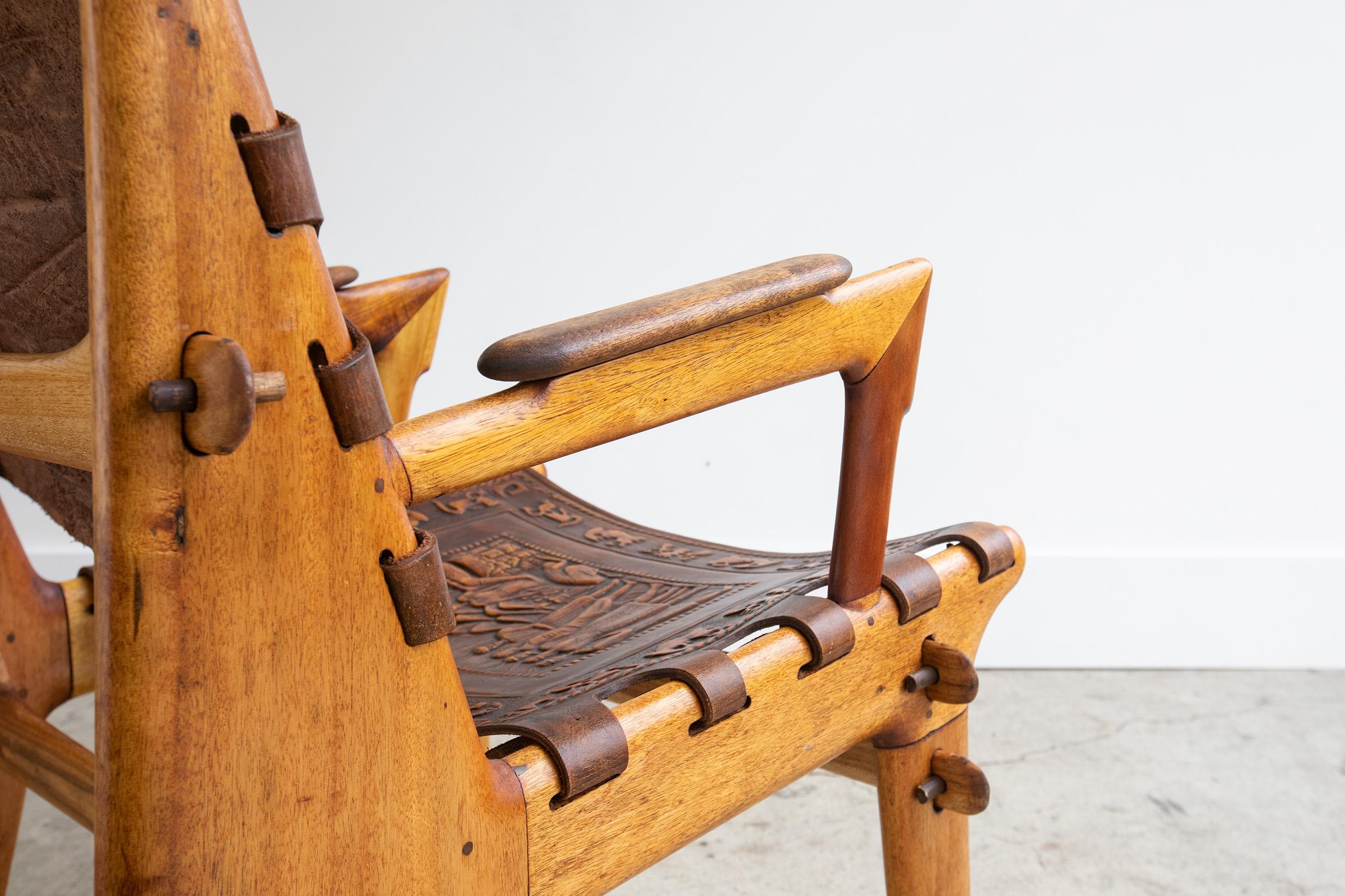 Ecuadorean Vintage Angel Pazmino Fruitwood & Hand-Tooled Leather Lounge Chair, Ecuador For Sale