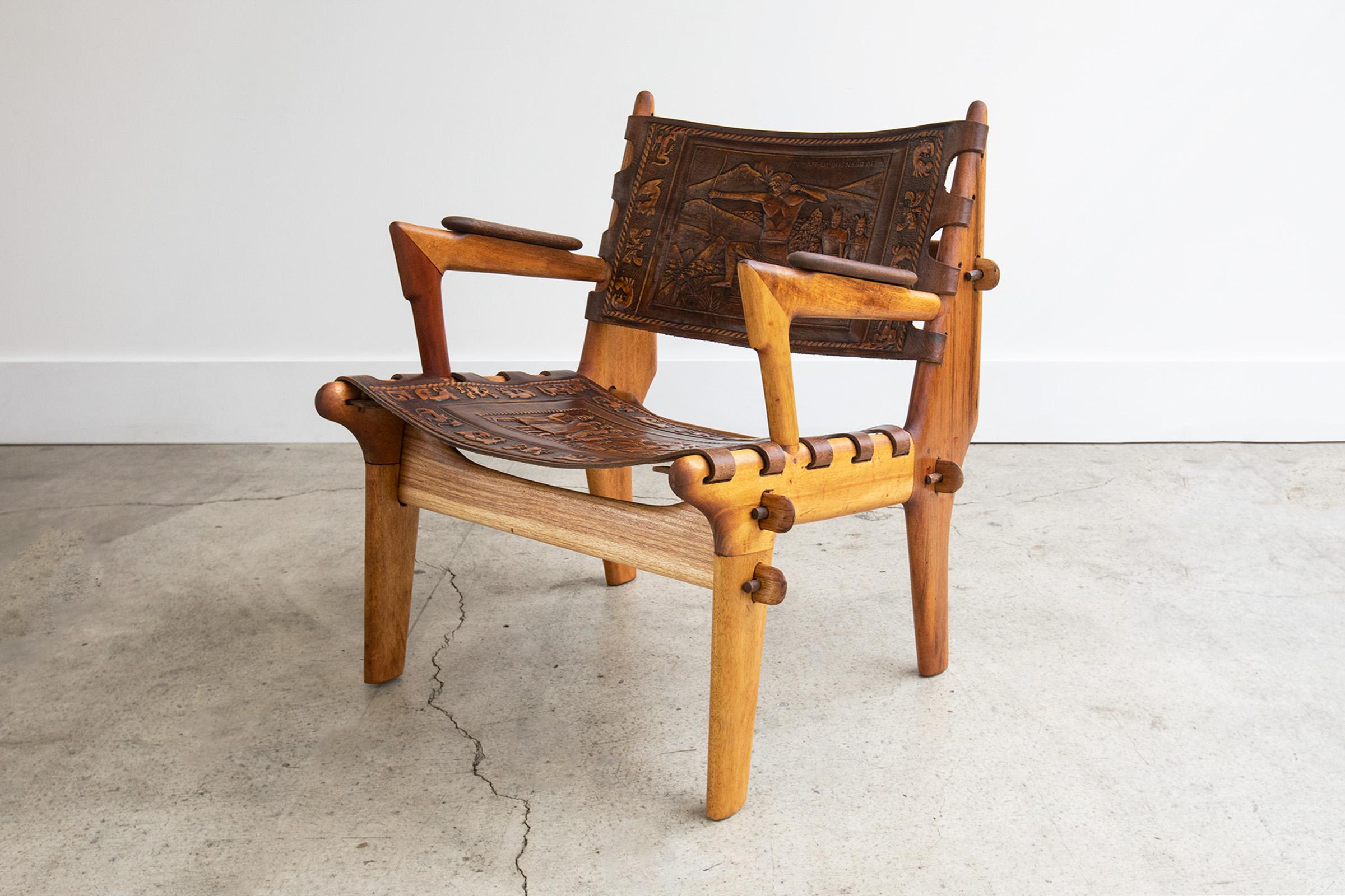 Hand-Crafted Vintage Angel Pazmino Fruitwood & Hand-Tooled Leather Lounge Chair, Ecuador For Sale