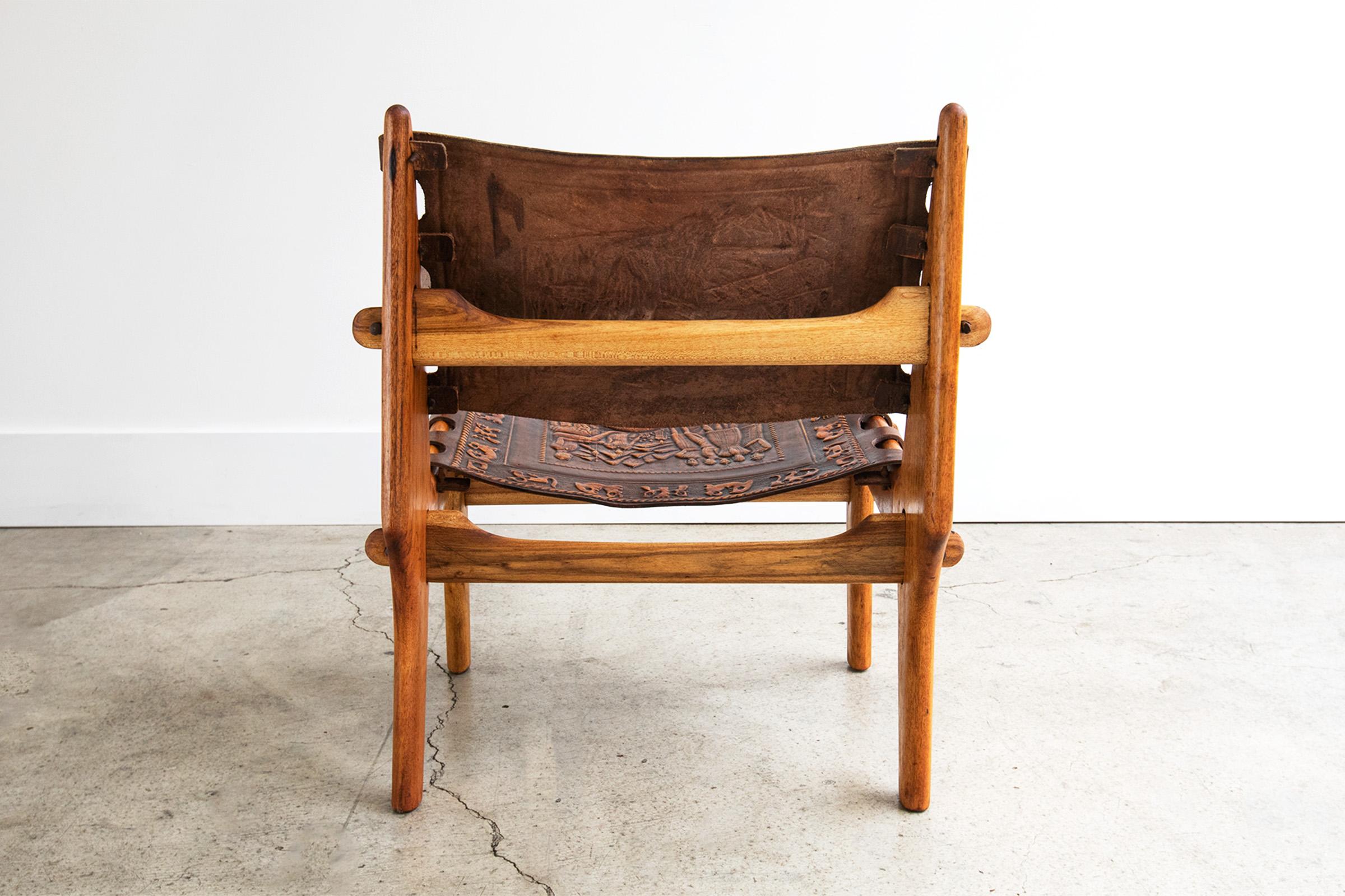 Vintage Angel Pazmino Fruitwood & Hand-Tooled Leather Lounge Chair, Ecuador In Good Condition For Sale In Portland, OR