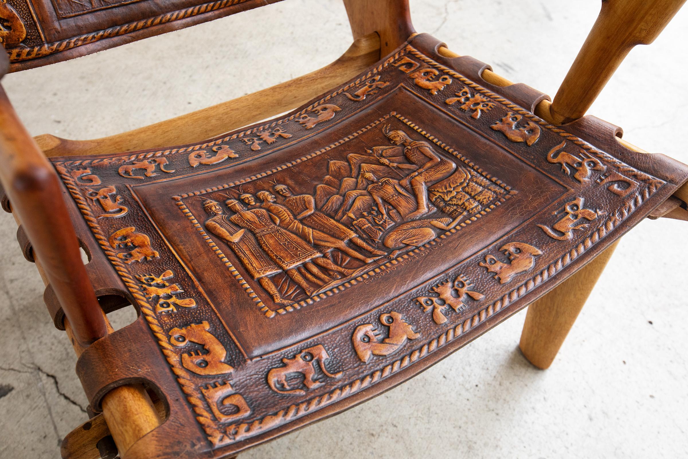 Vintage Angel Pazmino Fruitwood & Hand-Tooled Leather Lounge Chair, Ecuador For Sale 1