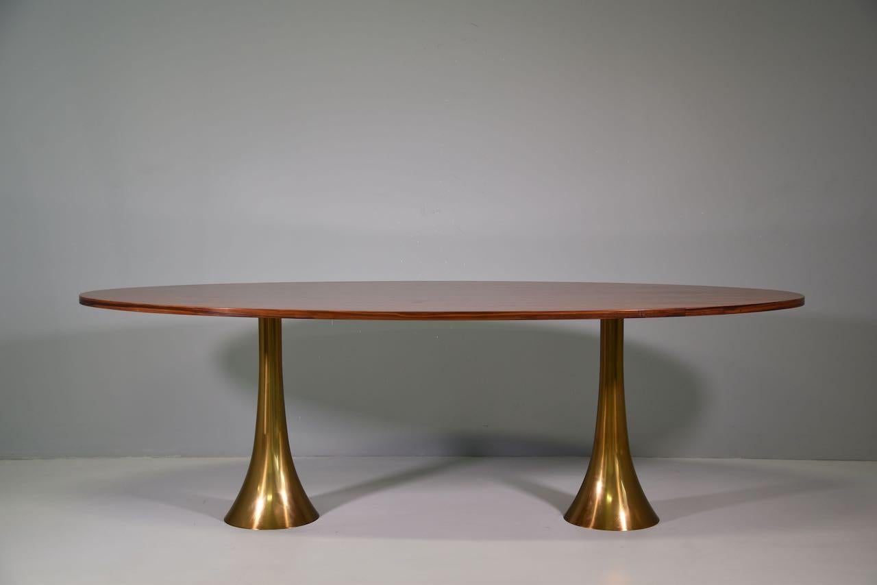 Rare Angelo Mangiarotti Bernini oval table, bronze legs and wooden top, 1957.