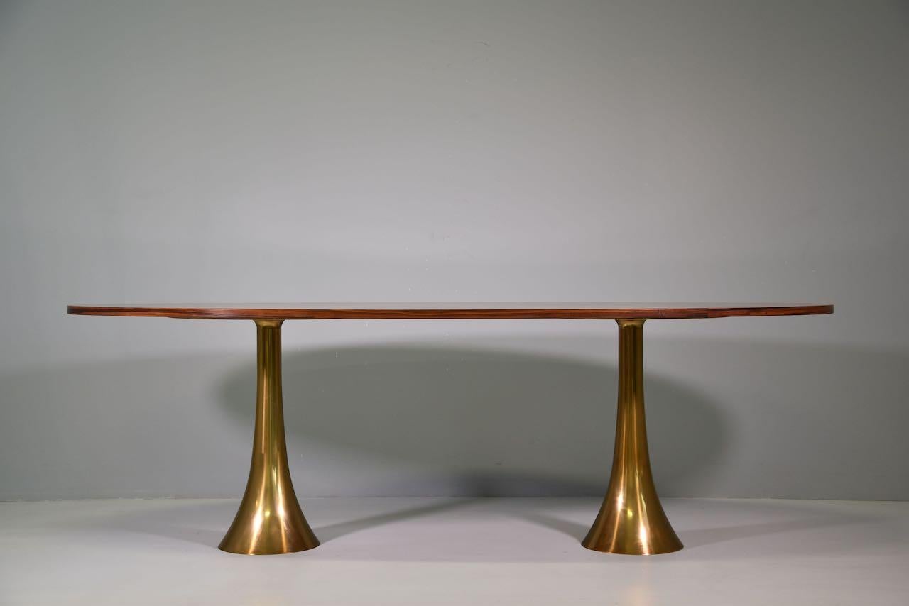 Mid-Century Modern Rare Angelo Mangiarotti Bernini Oval Table, Bronze Legs and Wooden Top, 1957