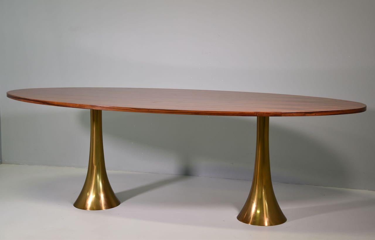 20th Century Rare Angelo Mangiarotti Bernini Oval Table, Bronze Legs and Wooden Top, 1957