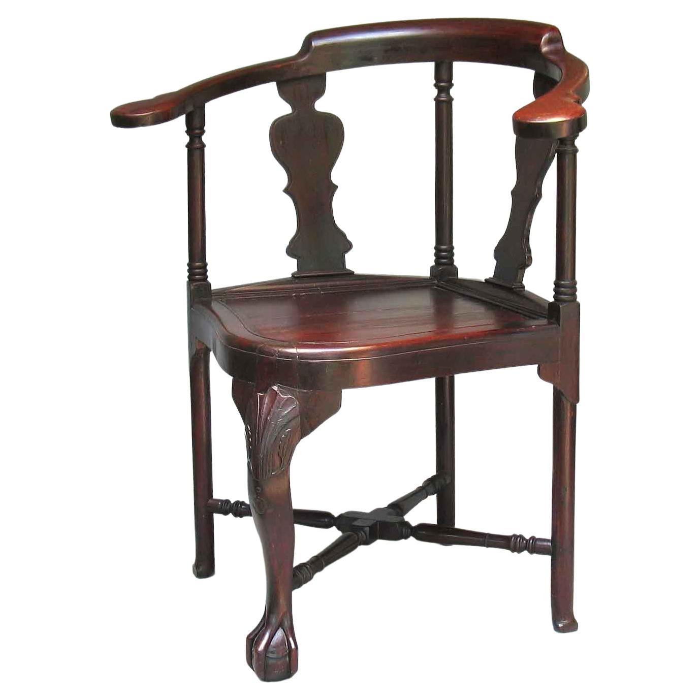 Rare Anglo-Chinese Hongmu Corner Chair of George II Style Early 19th Century For Sale