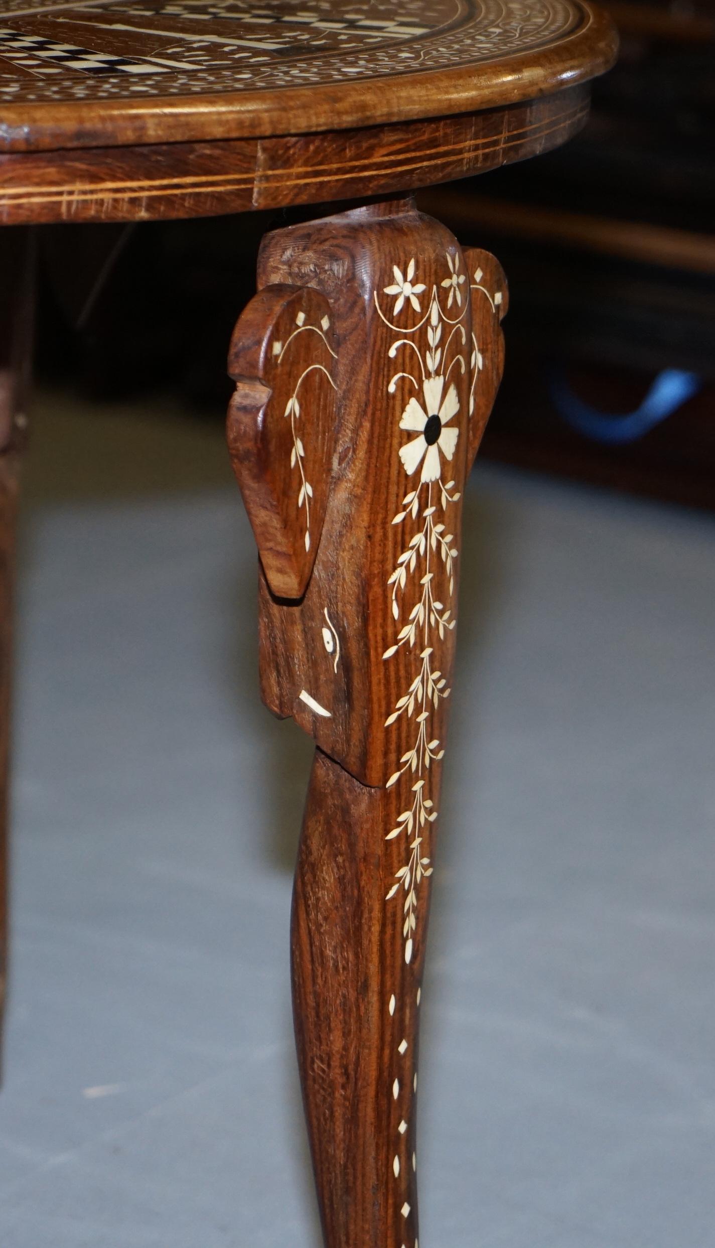 Rare Anglo-Indian Export Taj Mahal Elephant Hardwood Inlaid Side Lamp Wine Table For Sale 5