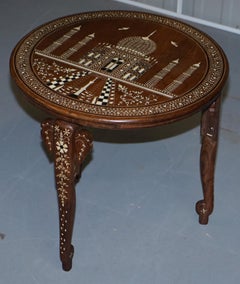Rare Anglo-Indian Export Taj Mahal Elephant Hardwood Inlaid Side Lamp Wine Table