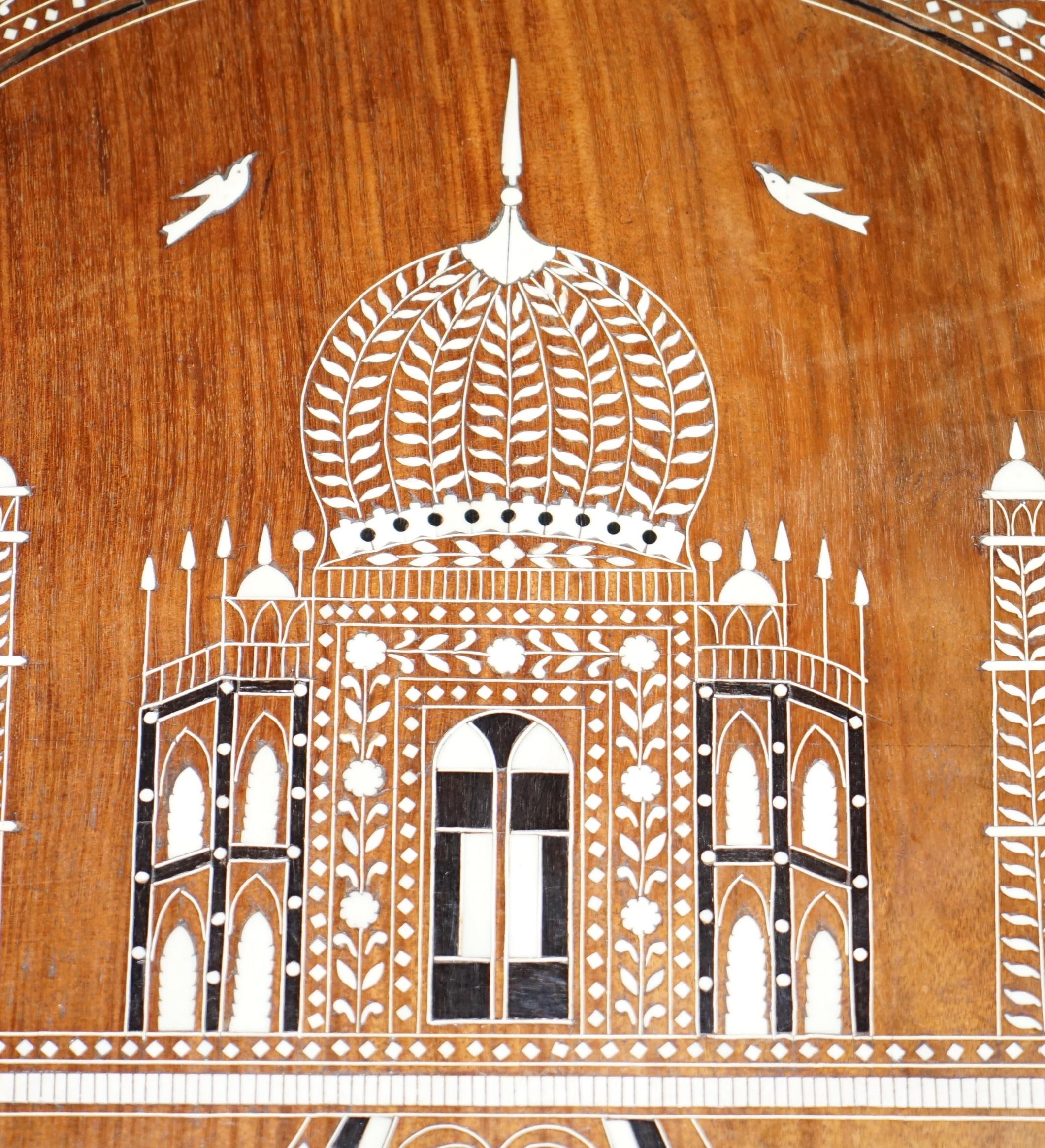 Hand-Crafted Rare Anglo-Indian Export Taj Mahal Elephant Hardwood Inlaid Side Lamp Wine Table For Sale