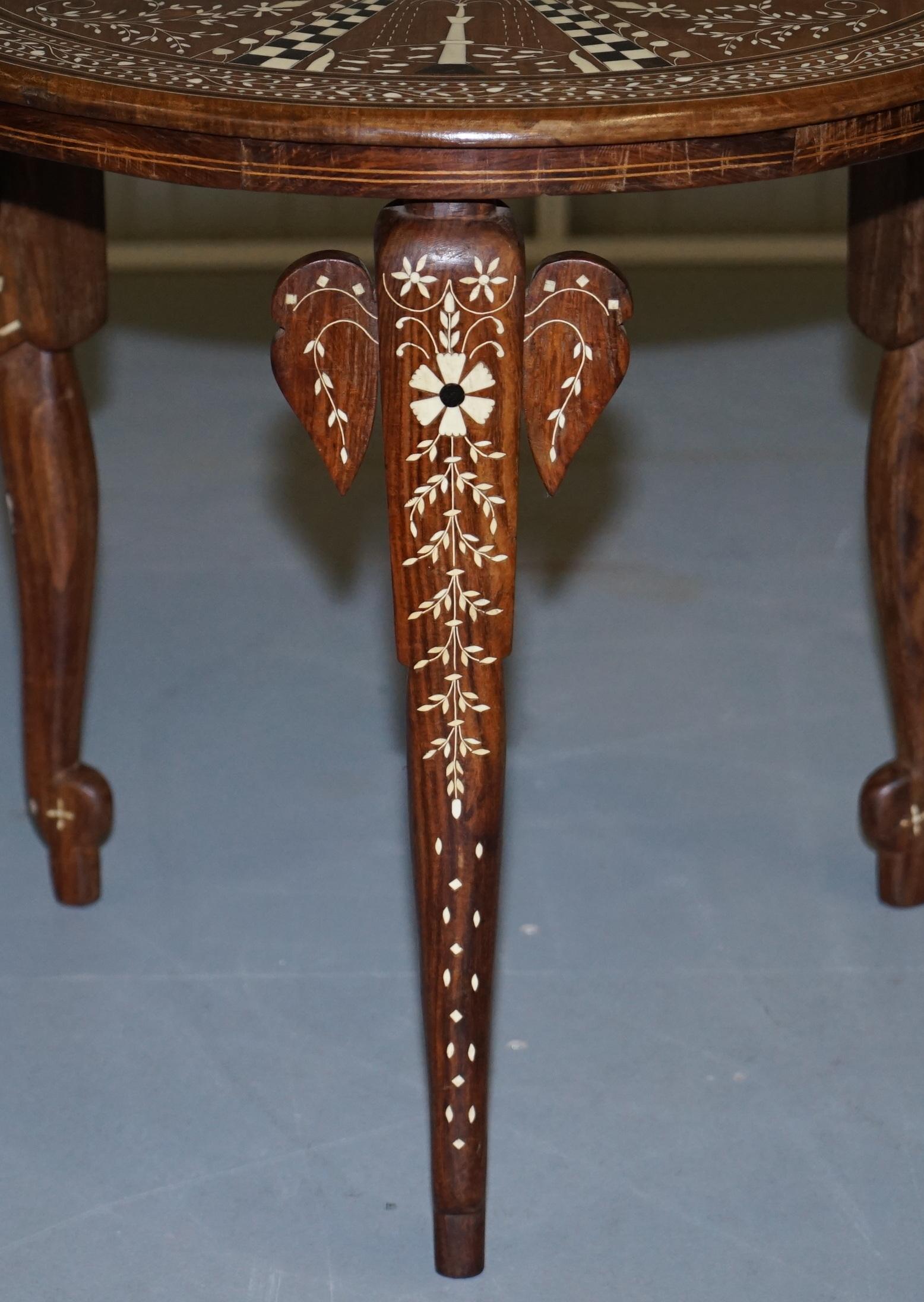 Rare Anglo-Indian Export Taj Mahal Elephant Hardwood Inlaid Side Lamp Wine Table For Sale 2