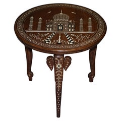 Antique Rare Anglo-Indian Export Taj Mahal Elephant Hardwood Inlaid Side Lamp Wine Table