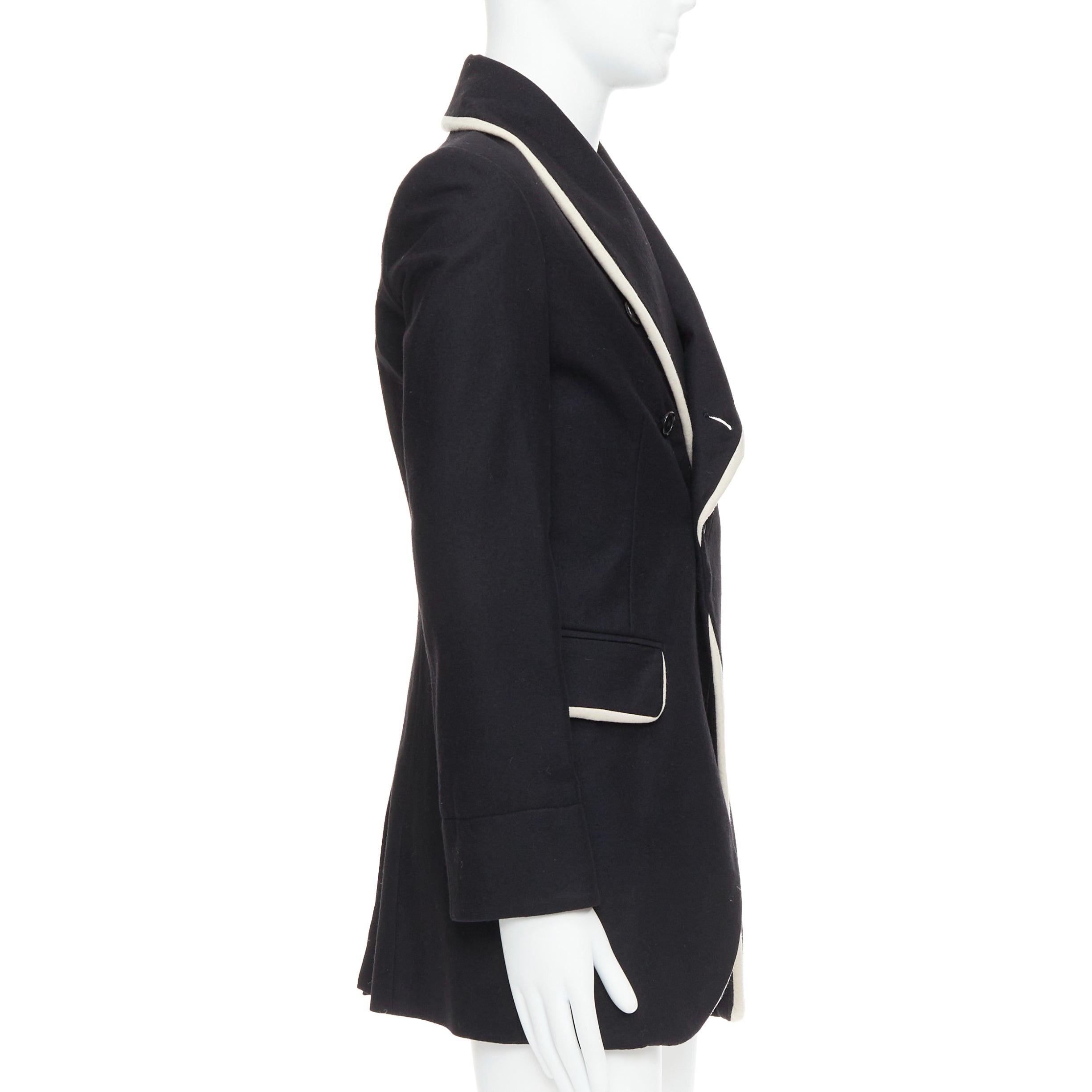rare ANN DEMEULEMEESTER black virgin wool cotton shawl pipe collar coat XXS In Excellent Condition For Sale In Hong Kong, NT