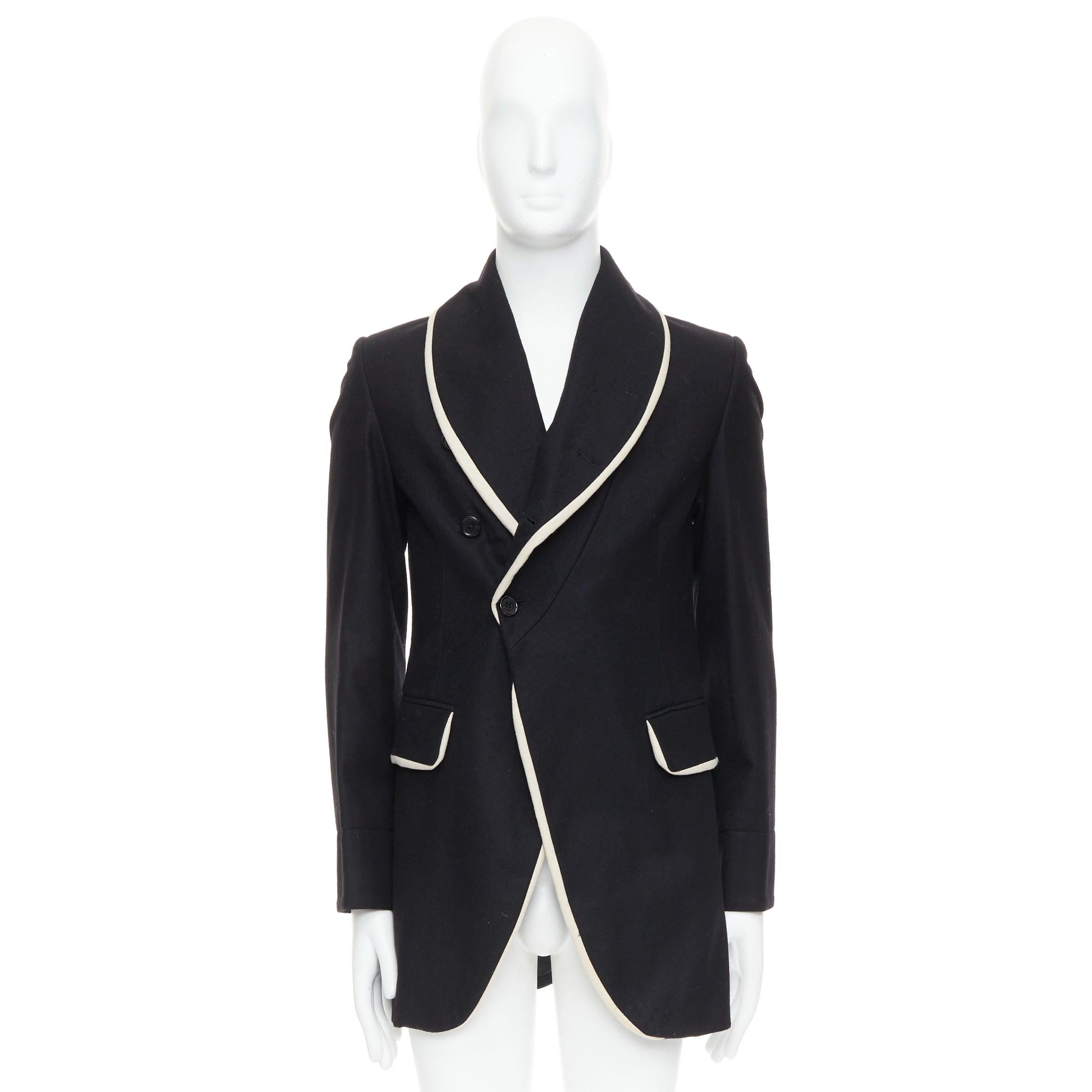 rare ANN DEMEULEMEESTER black virgin wool cotton shawl pipe collar coat XXS For Sale 4