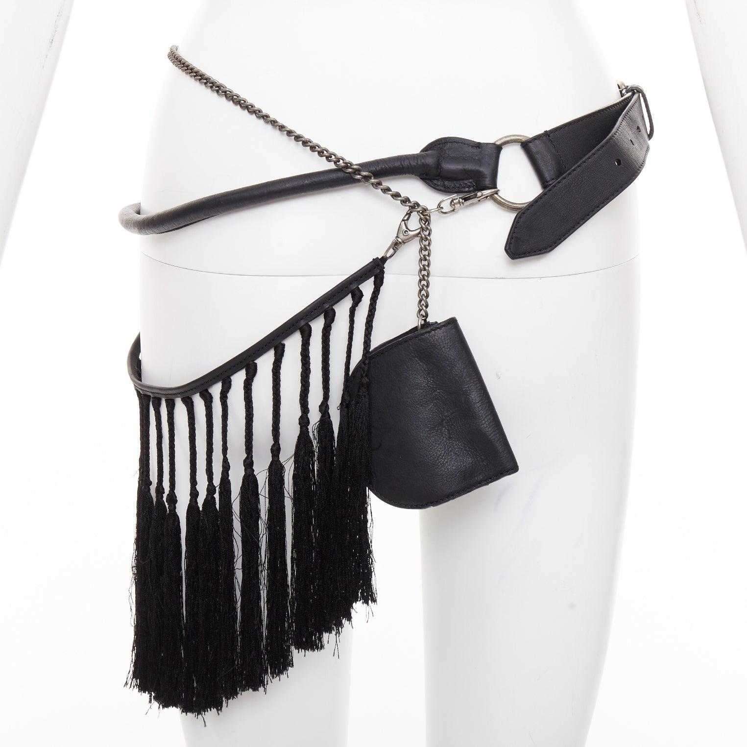 rare ANN DEMEULEMEESTER Vintage black leather macrame fringe small pouch tiered belt
Reference: TGAS/E00833
Brand: Ann Demeulemeester
Designer: Ann Demeulemeester
Material: Leather, Fabric, Metal
Color: Black, Silver
Pattern: Solid
Closure: