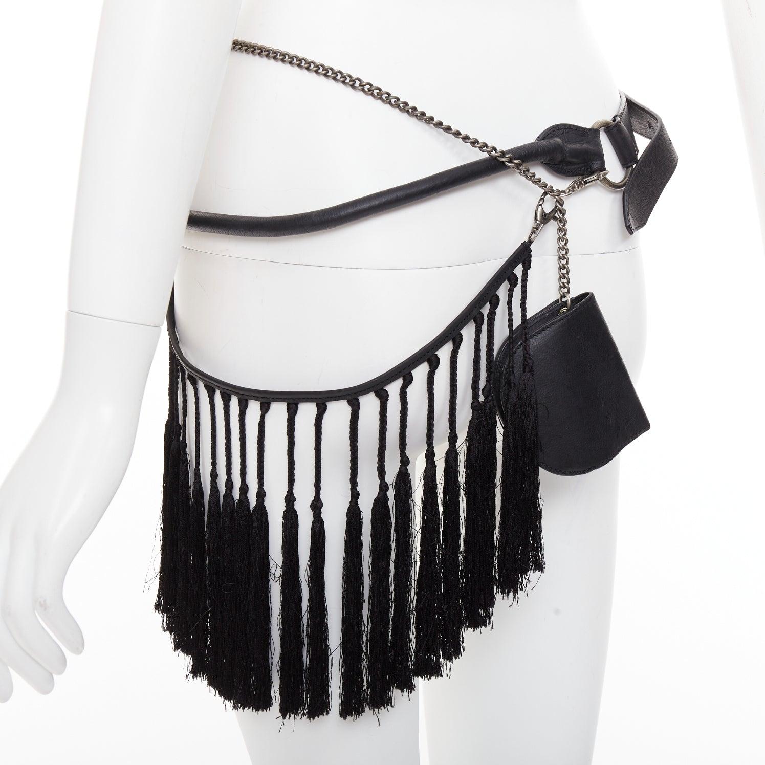 Women's rare ANN DEMEULEMEESTER Vintage leather macrame fringe small pouch tiered belt For Sale