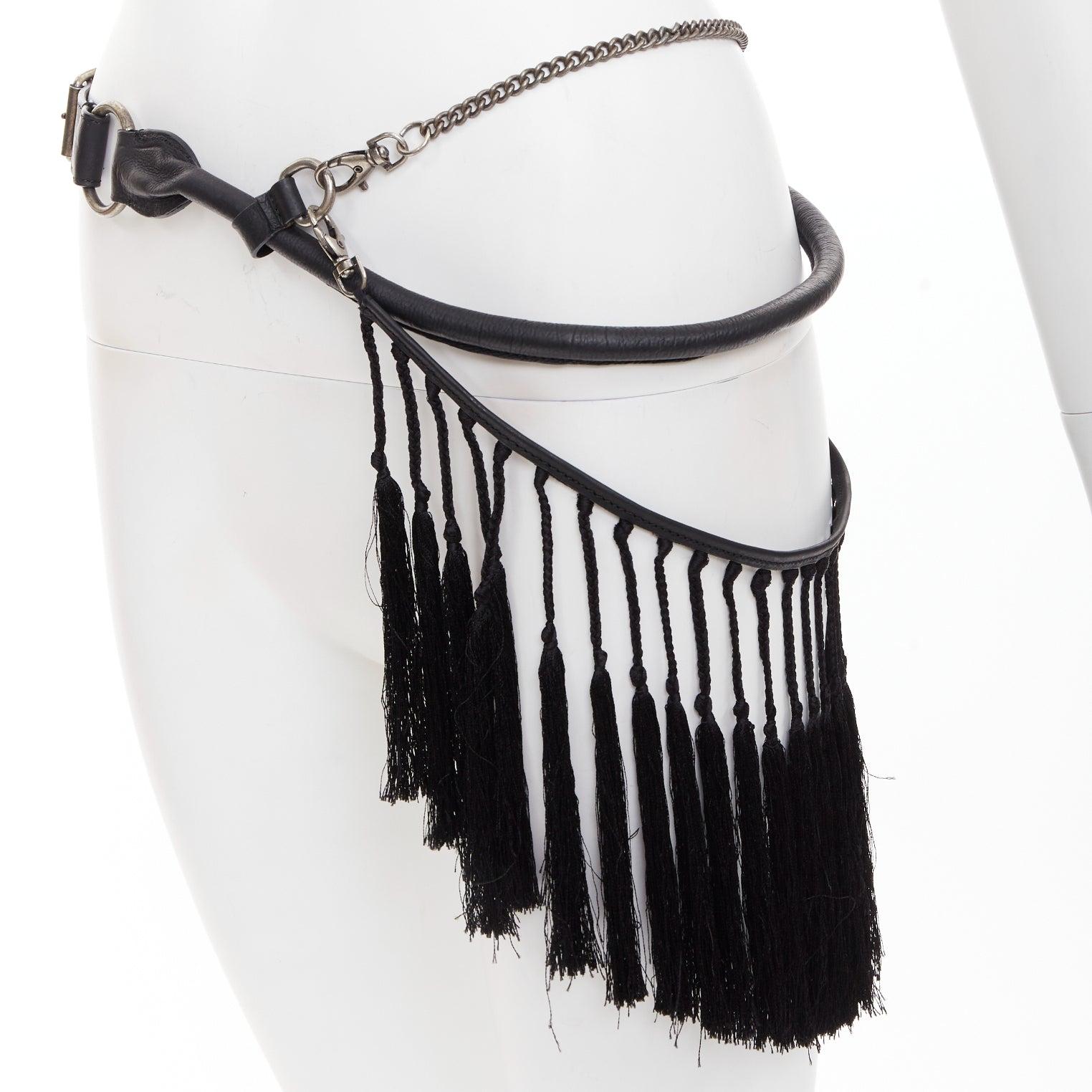 rare ANN DEMEULEMEESTER Vintage leather macrame fringe small pouch tiered belt For Sale 1