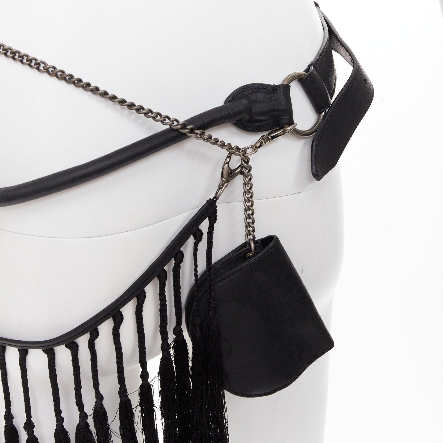 rare ANN DEMEULEMEESTER Vintage leather macrame fringe small pouch tiered belt For Sale 3