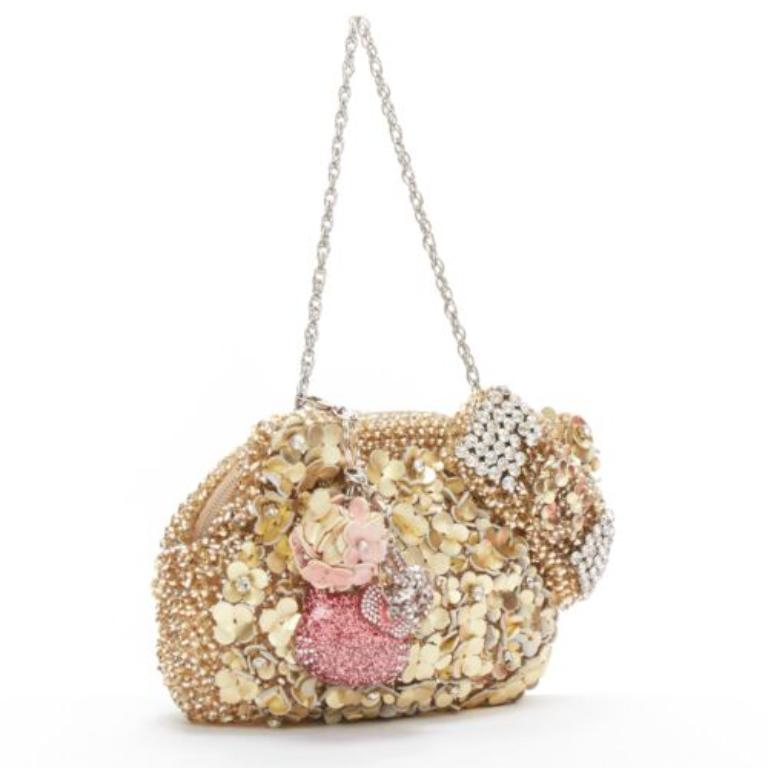 Beige rare ANTEPRIMA HELLO KITTY Wire Bag floral leather sequin pink charms clutch