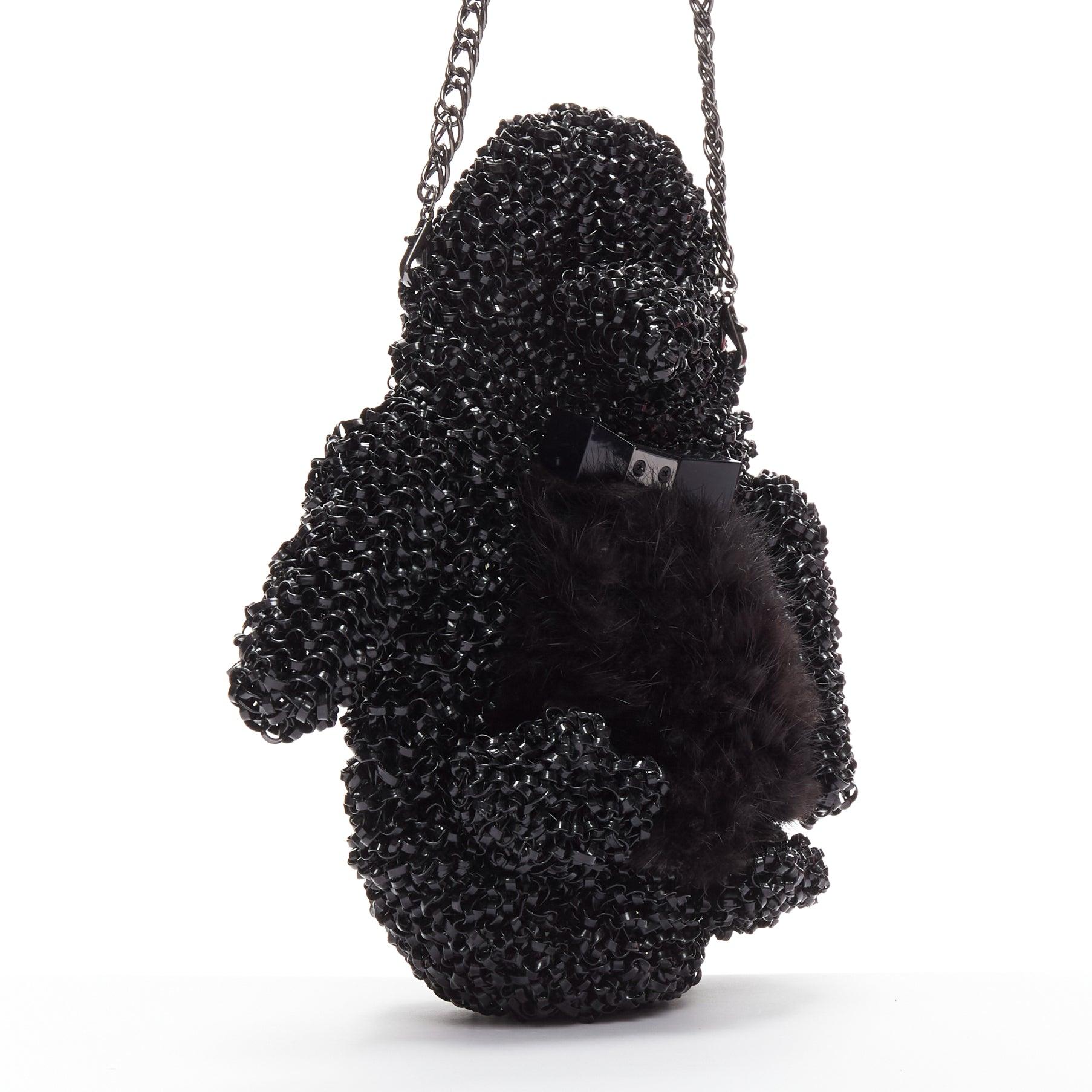 Black rare ANTEPRIMA Wire Bag black fur belly woven acrylic penguin chain crossbody For Sale