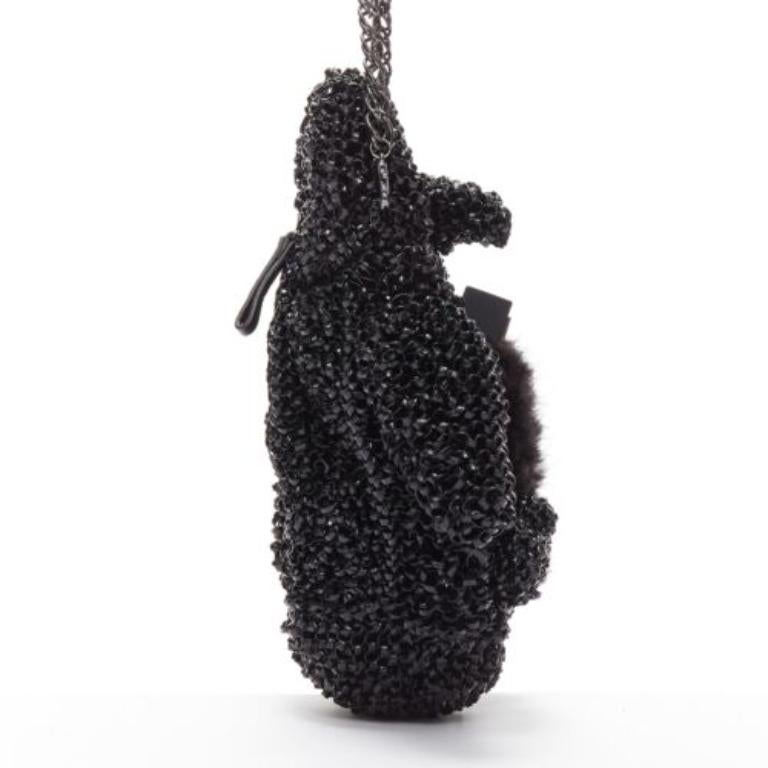Women's rare ANTEPRIMA Wire Bag  black fur belly woven acrylic penguin chain crossbody For Sale