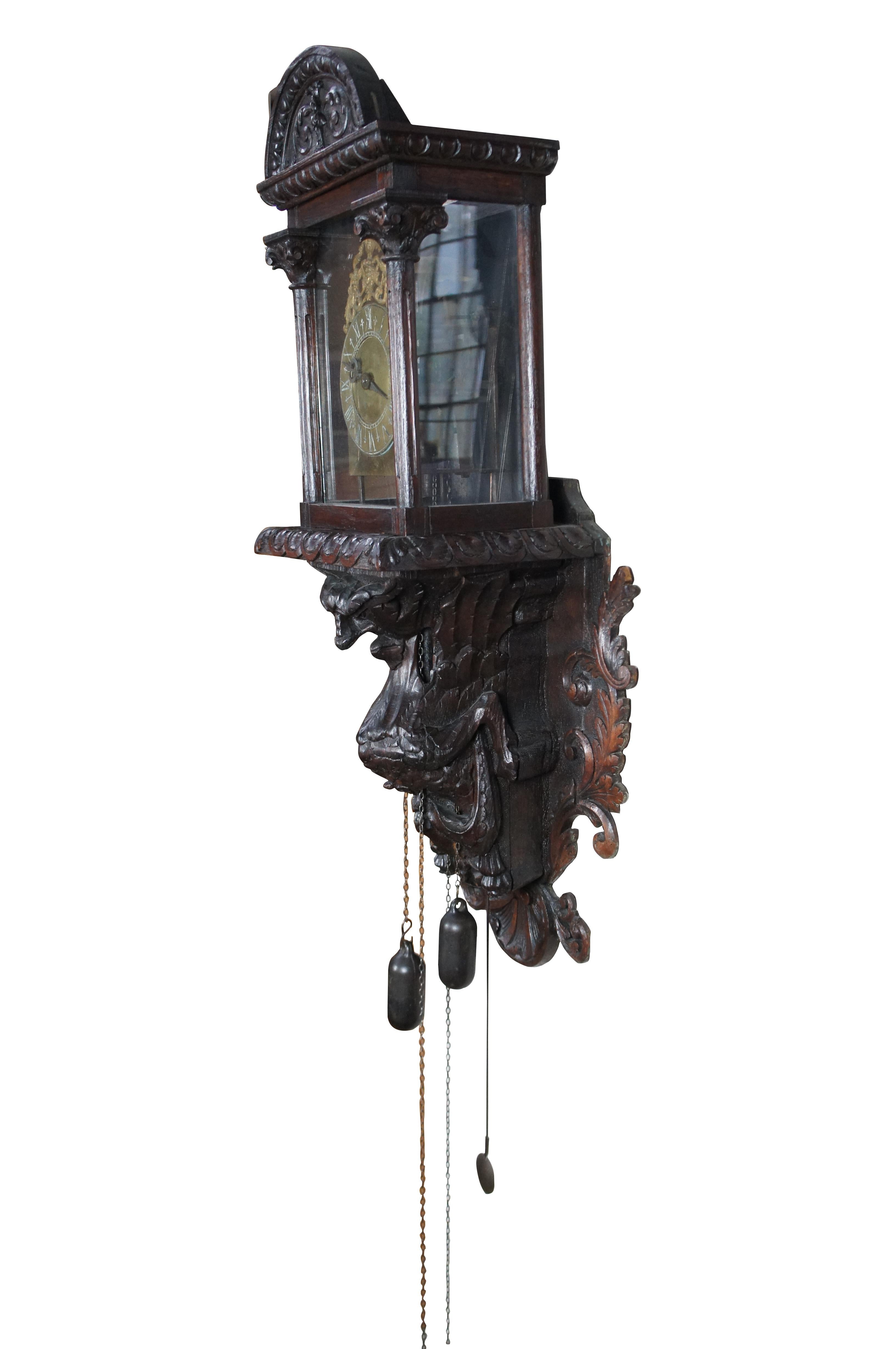 Rare 17th Century Antique Figural Griffon Carved Oak Brass Lantern Clock 58
