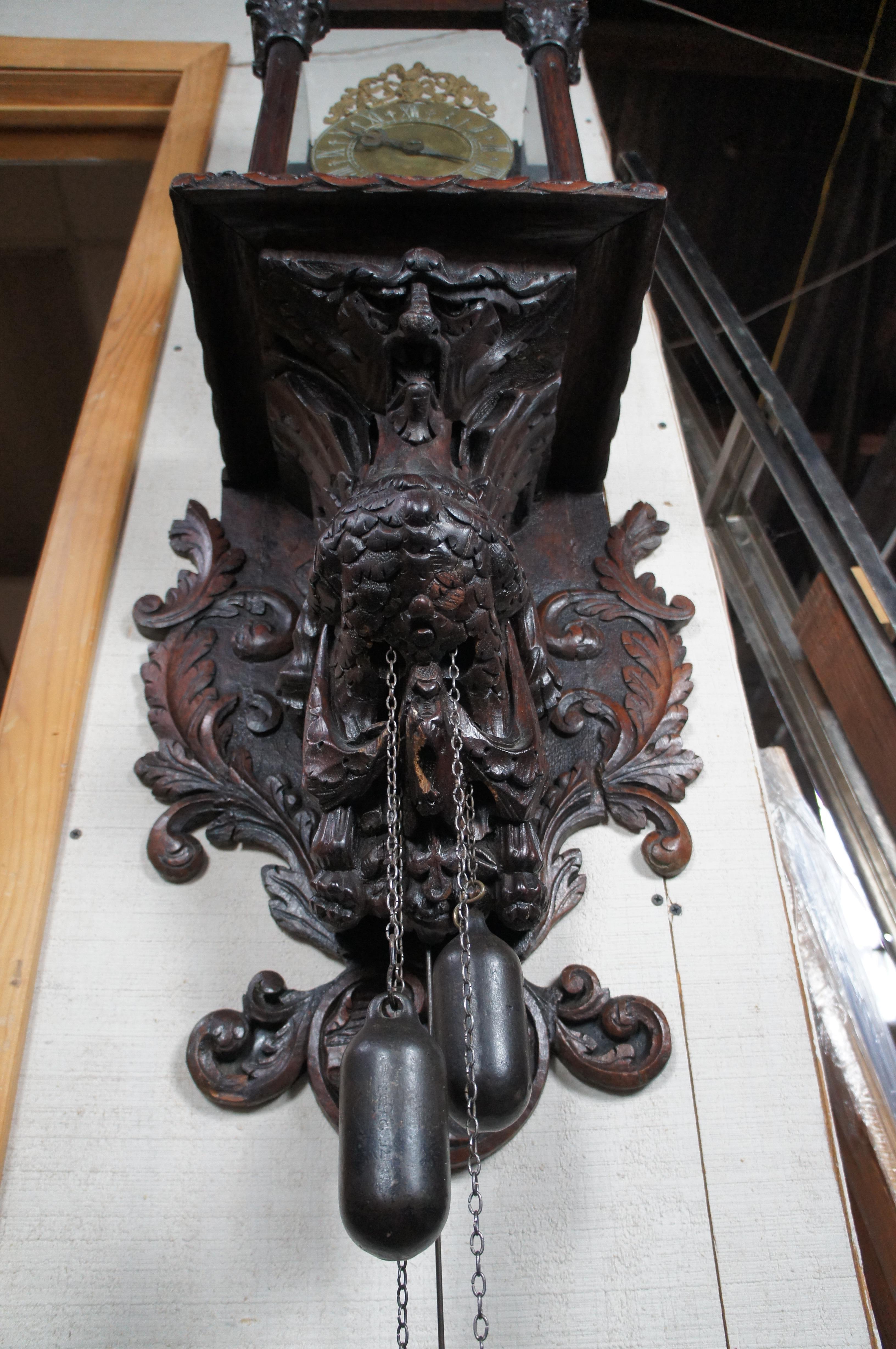 Rare 17th Century Antique Figural Griffon Carved Oak Brass Lantern Clock 58
