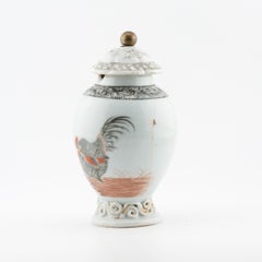 Rare Antique 18C Chinese Porcelain Erotic Rooster Encre de Chine Tea Caddy