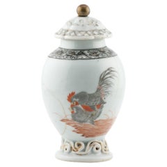Rare Antique 18C Chinese Porcelain Erotic Rooster Encre de Chine Tea Caddy