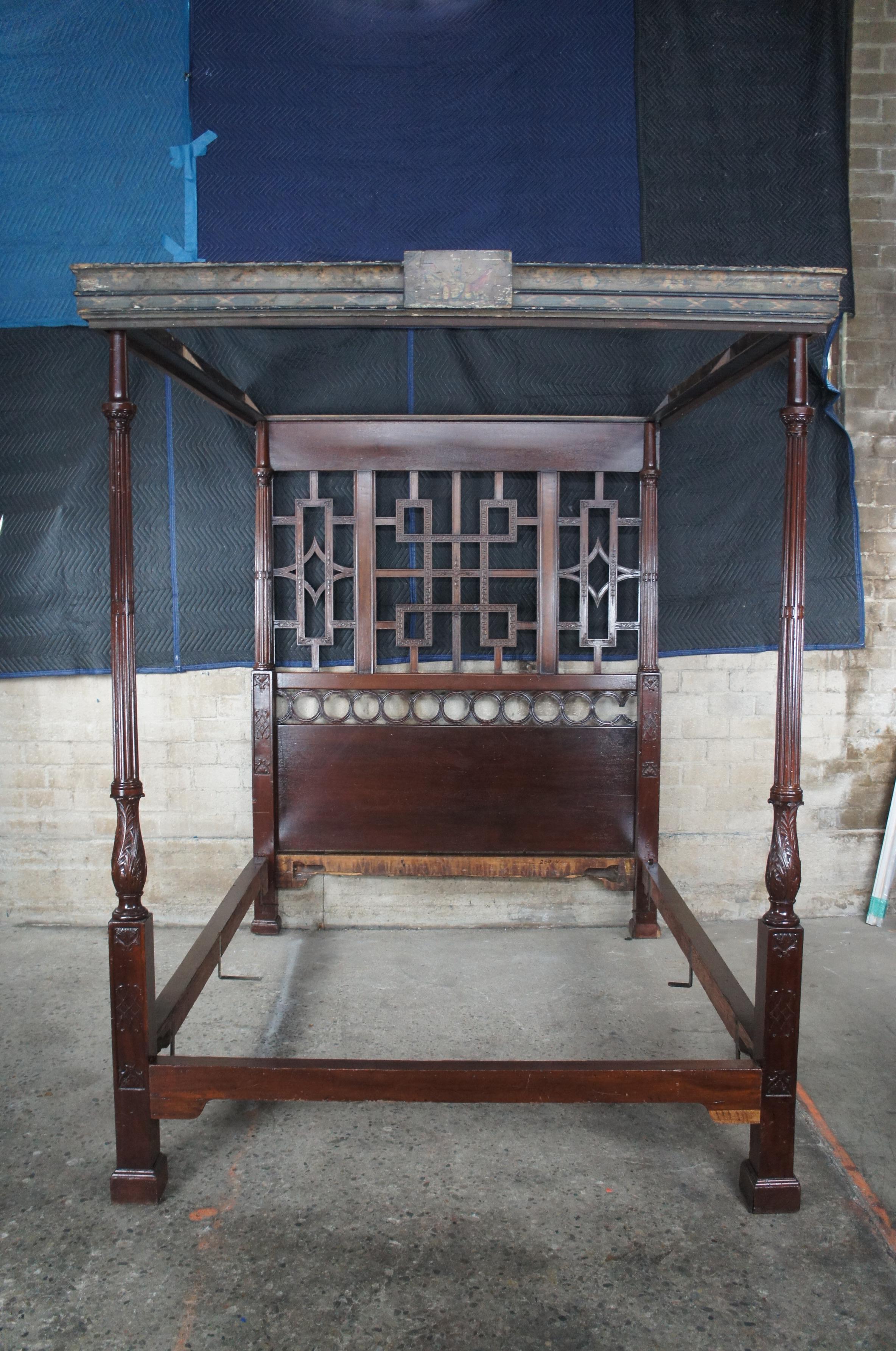 Rare Antique 18th Century Chinese Chippendale Mahogany Four Post Tester Bed For Sale 3