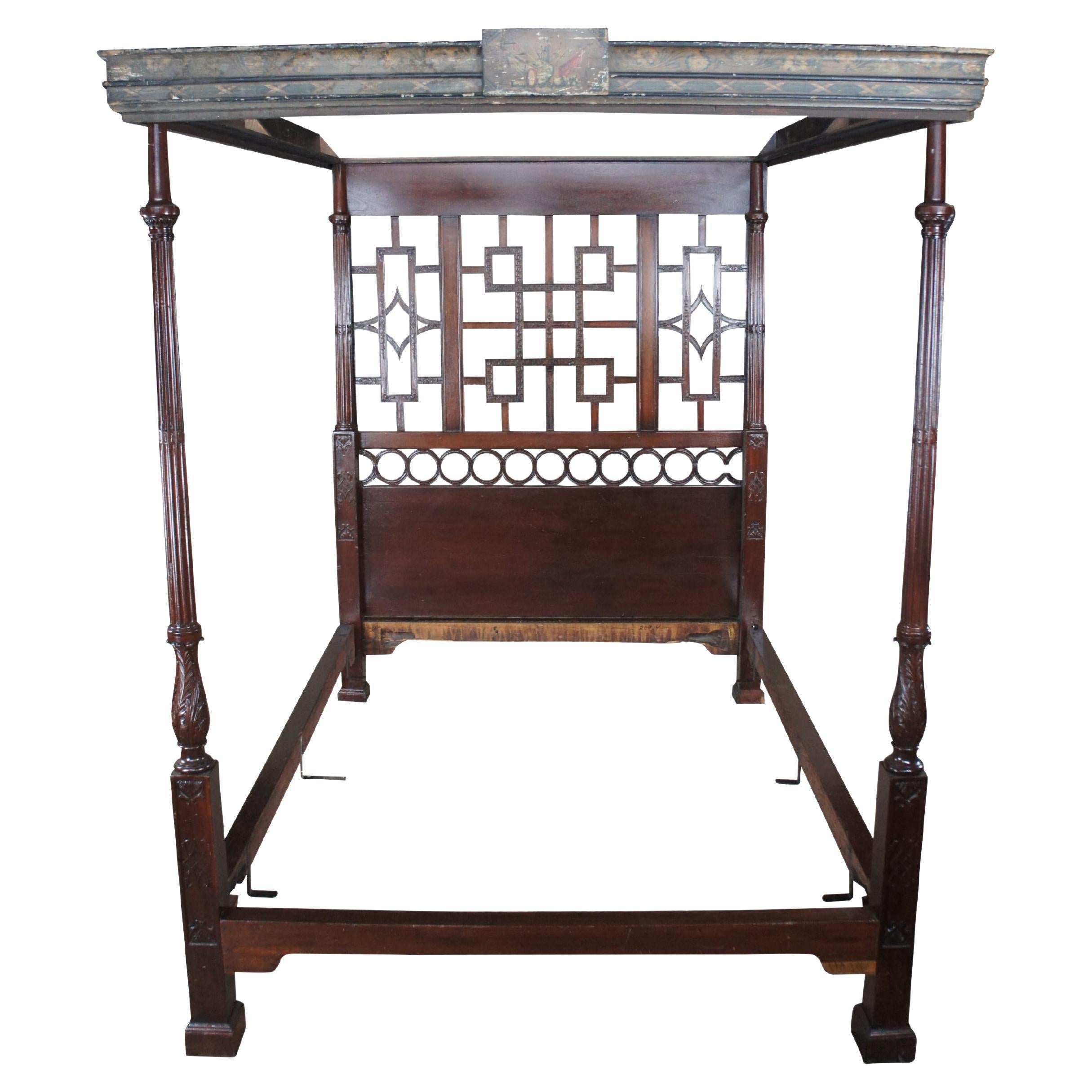 Rare Antique 18th Century Chinese Chippendale Mahogany Four Post Tester Bed For Sale