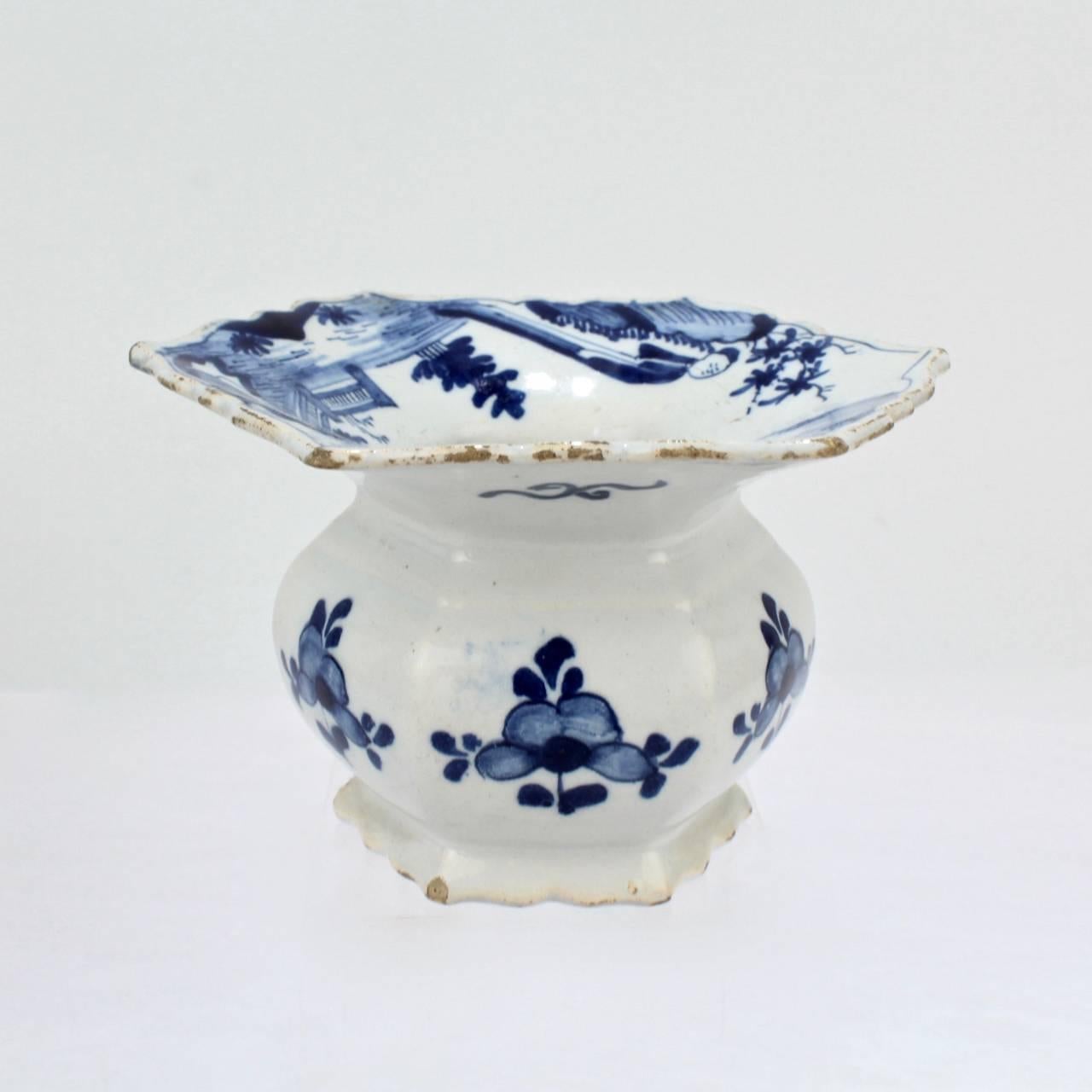 18th Century and Earlier Rare Antique 18th Century Dutch Delft Pottery Spittoon with Chinese Figures