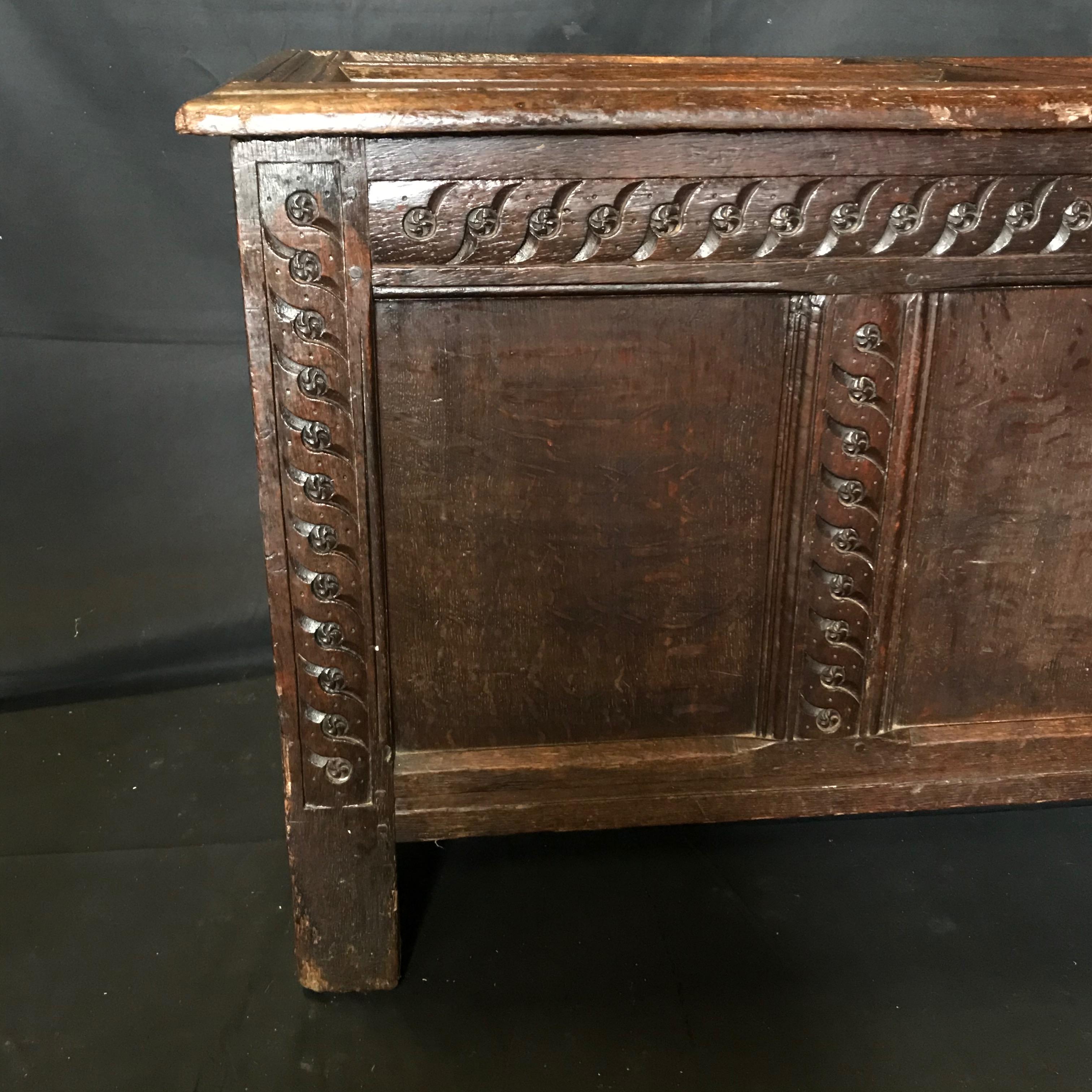 Rare Antique 18th Century Paneled and Carved Scottish Coffer Chest For Sale 7