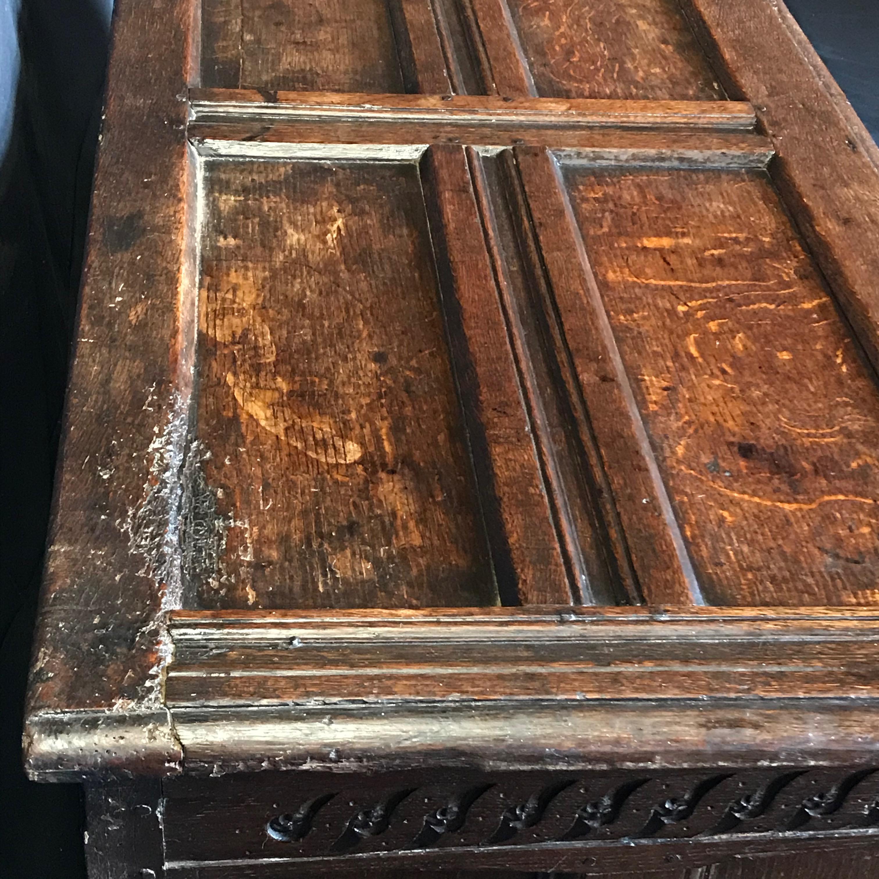 Rare Antique 18th Century Paneled and Carved Scottish Coffer Chest For Sale 9