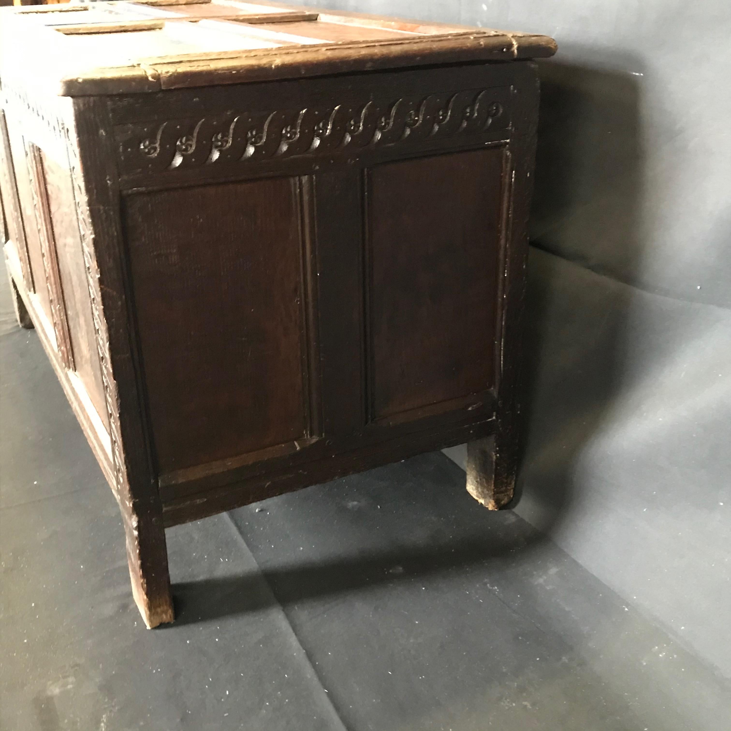 Rare Antique 18th Century Paneled and Carved Scottish Coffer Chest For Sale 10