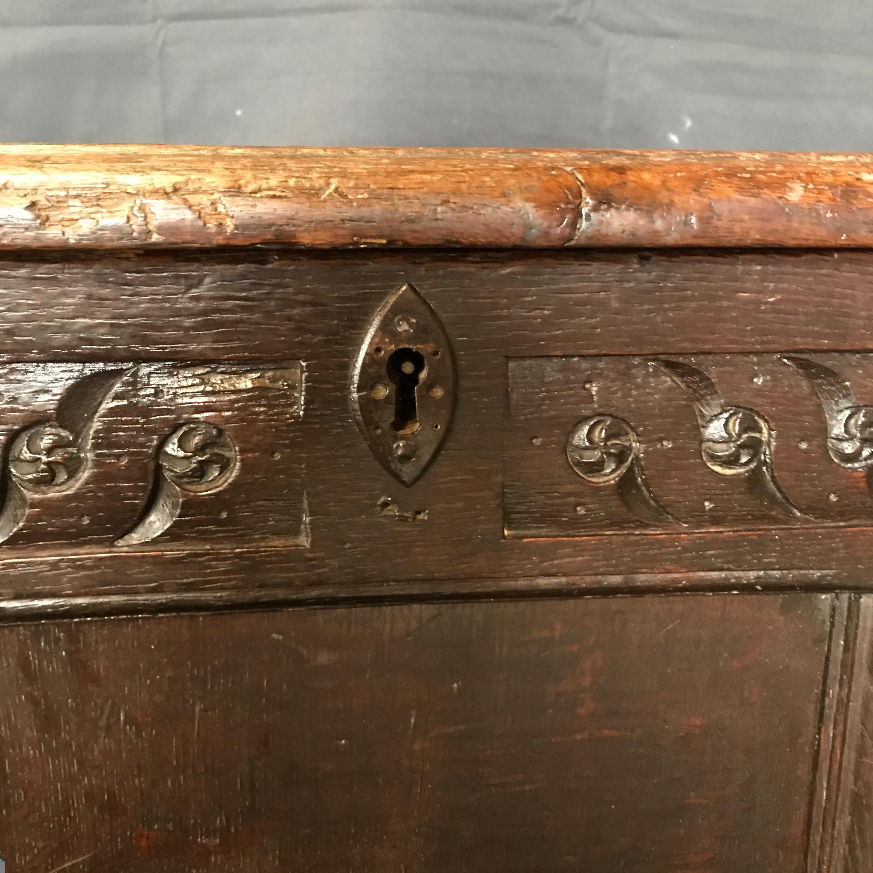 Rare Antique 18th Century Paneled and Carved Scottish Coffer Chest For Sale 1