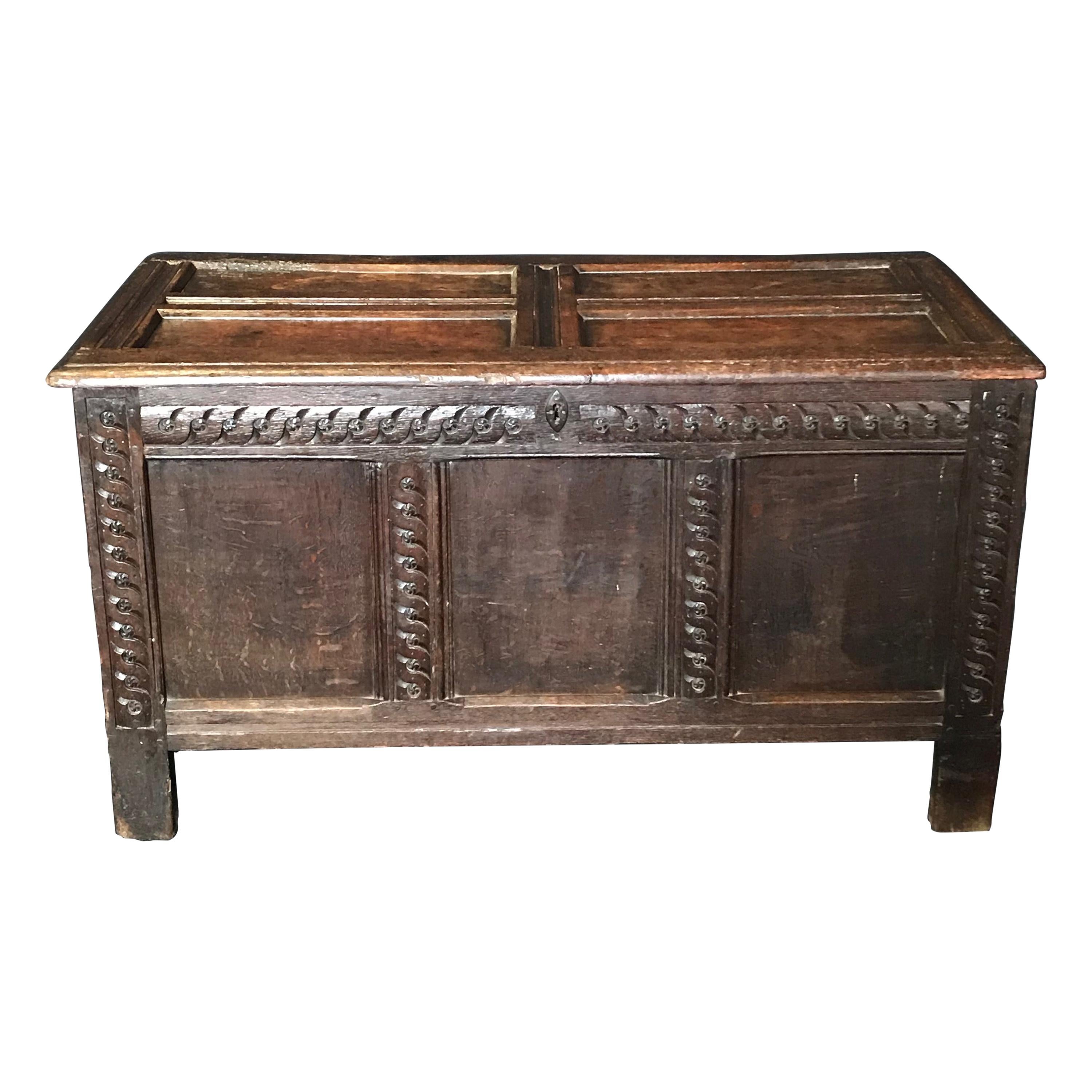 Rare Antique 18th Century Paneled and Carved Scottish Coffer Chest For Sale