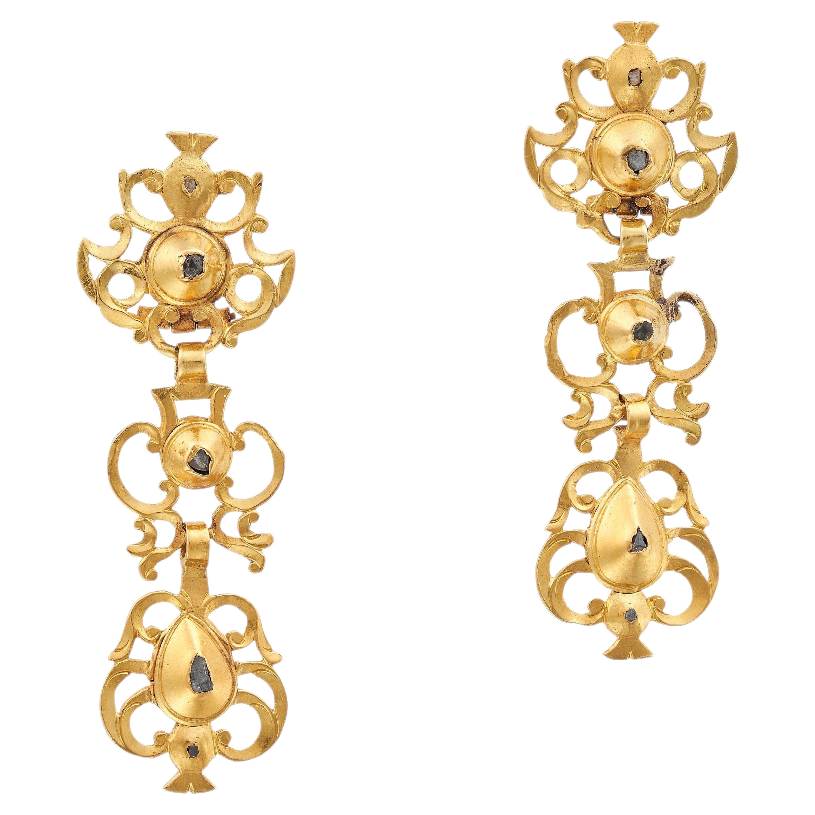 Rare Antique 18th Century Portuguese Sequilé Diamonds Yellow Gold Drop Earrings