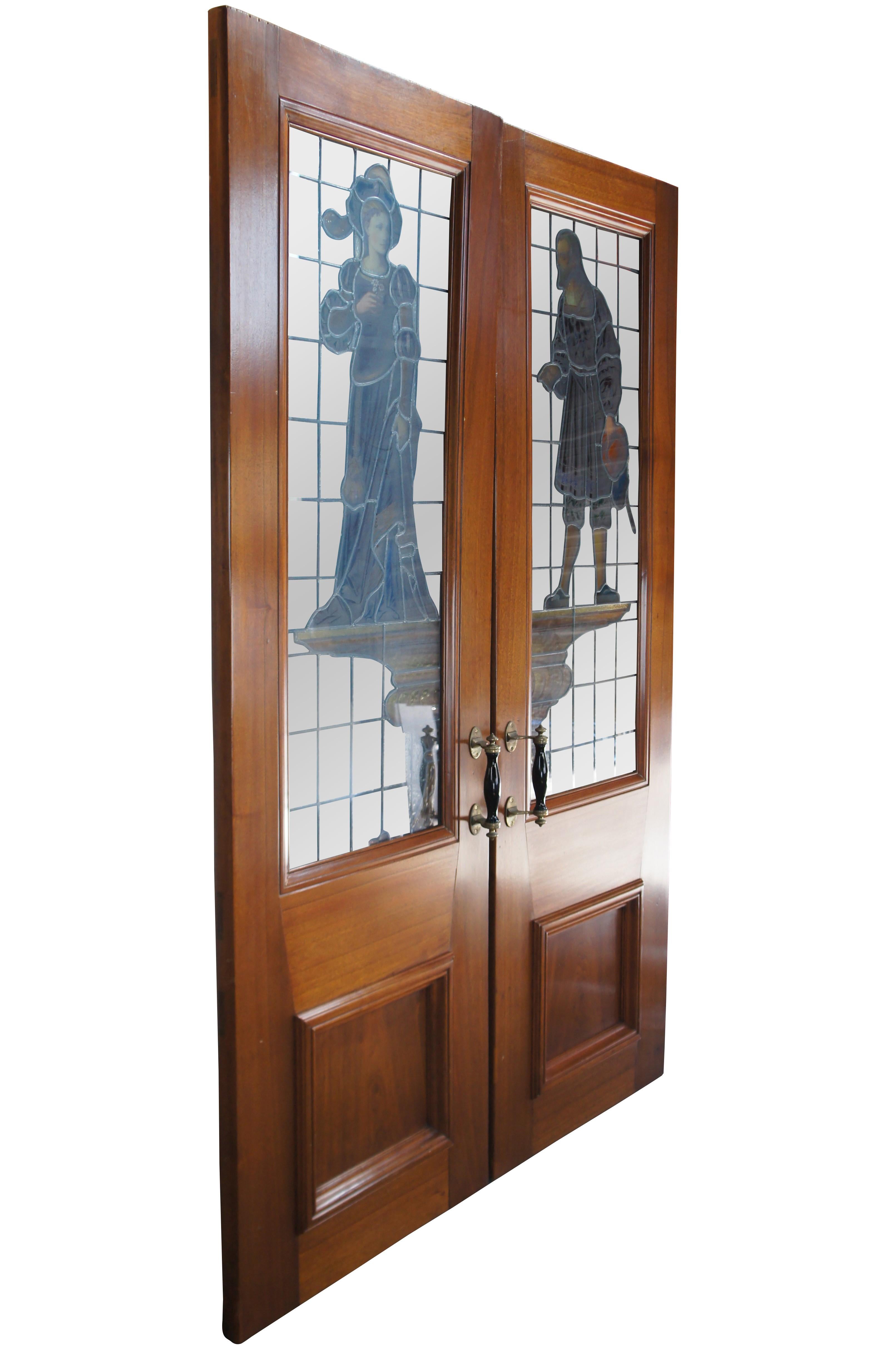 Renaissance Revival Rare Antique 19th C. Neo Renaissance Figural Leaded Stained Glass Mahogany Doors For Sale